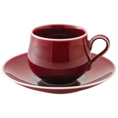 Contemporary Imari Hand-Glazed Red Porcelain Cup and Saucer by Master Artist