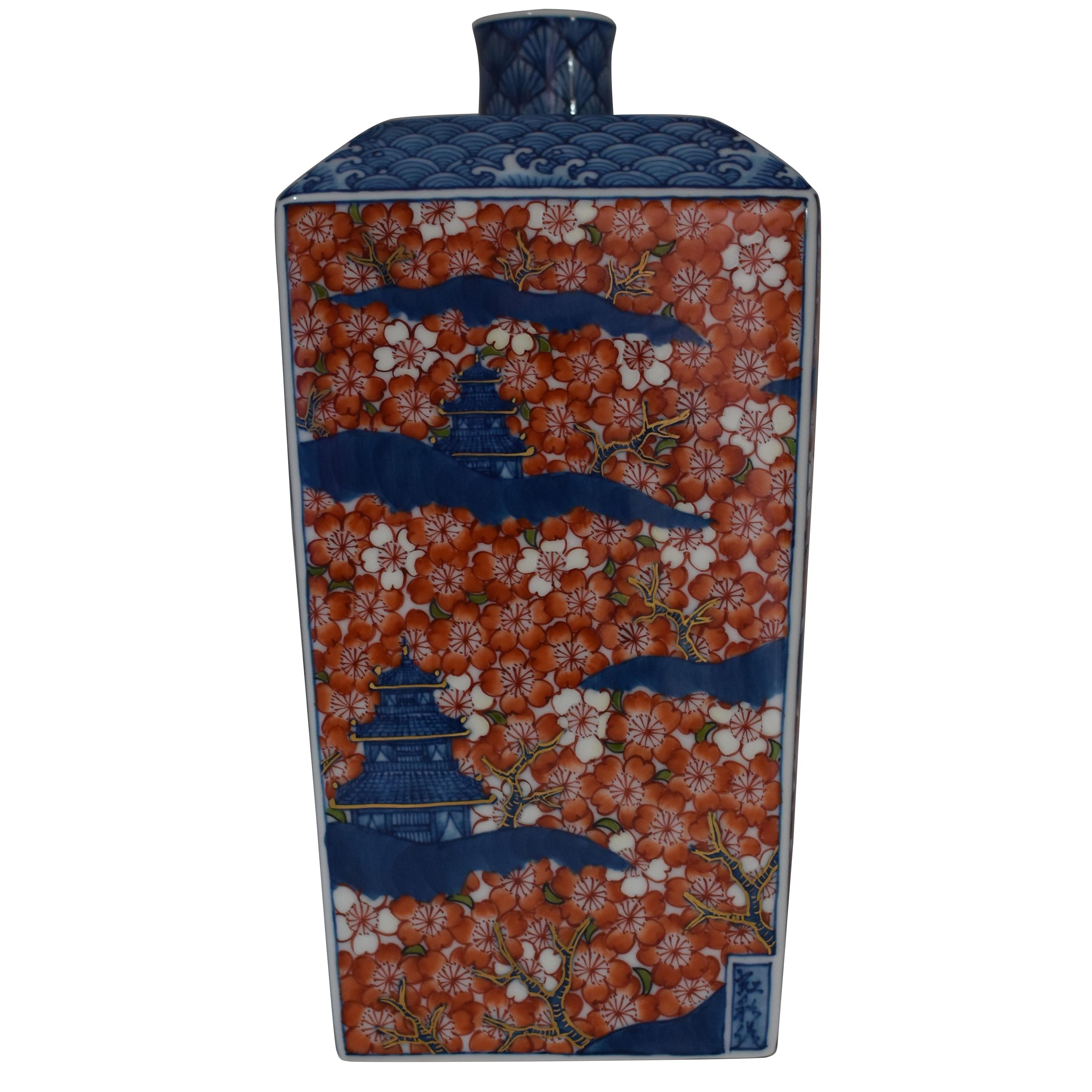 Contemporary Imari Red Blue Porcelain Decorative Vase by Master Artist