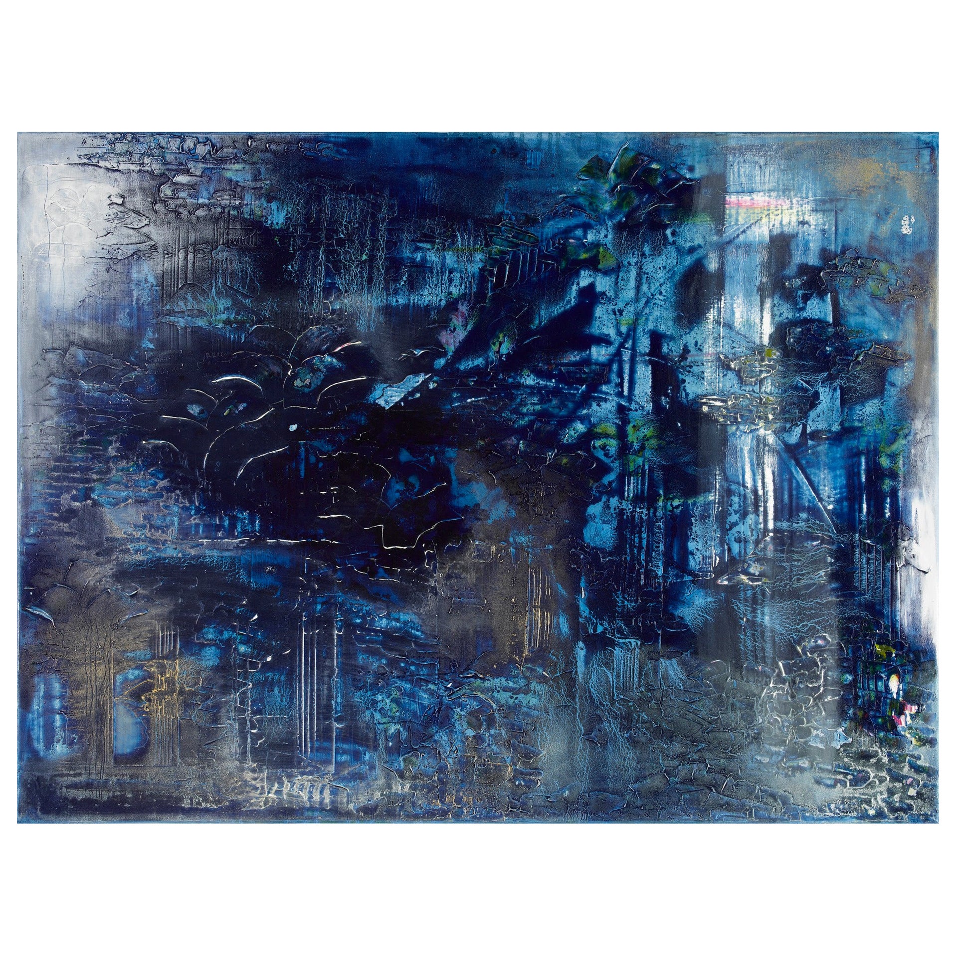 Contemporary impressionistic painting in dark hues with shafts of light