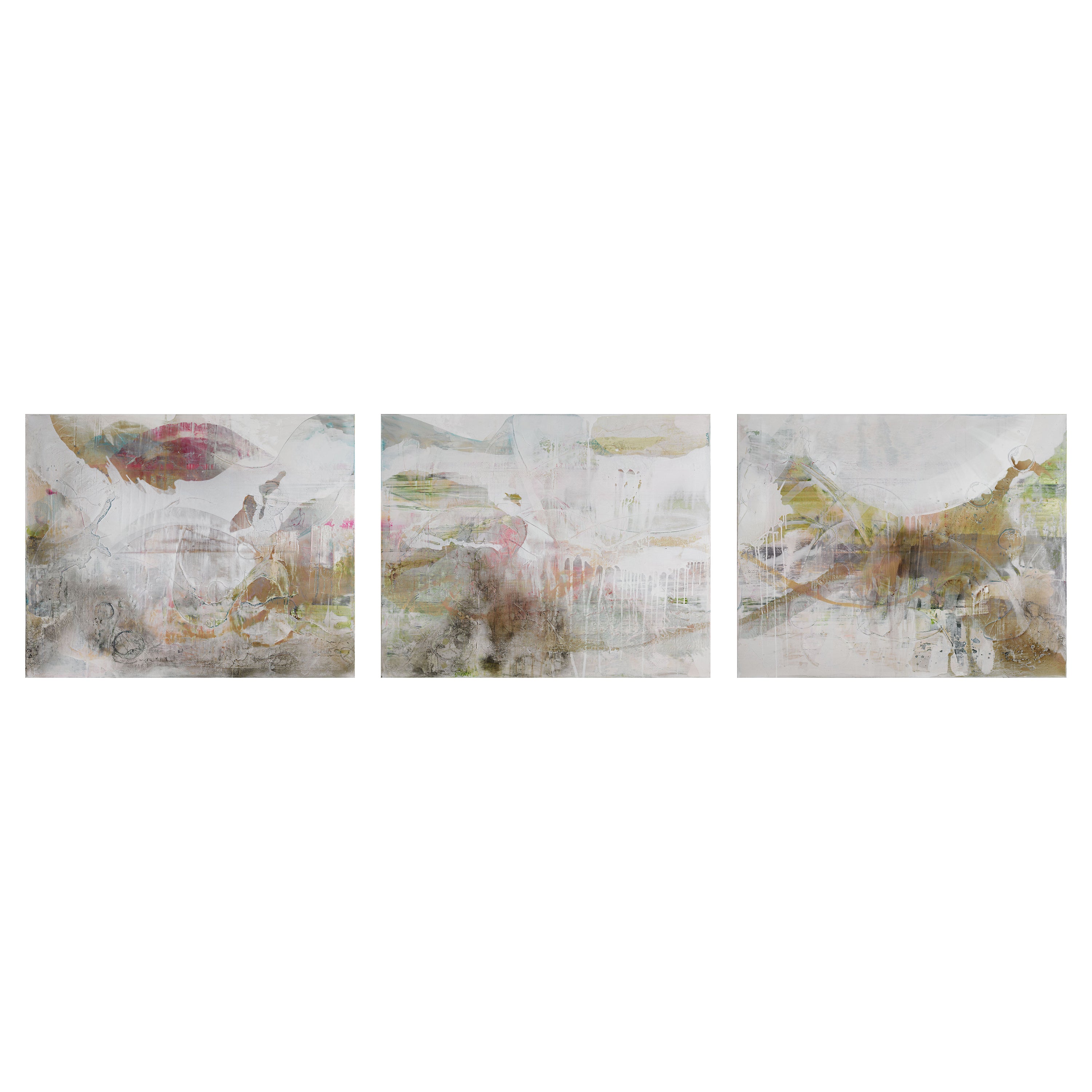 Trittico impressionistico contemporaneo con esplosioni di colore su uno sfondo chiaro