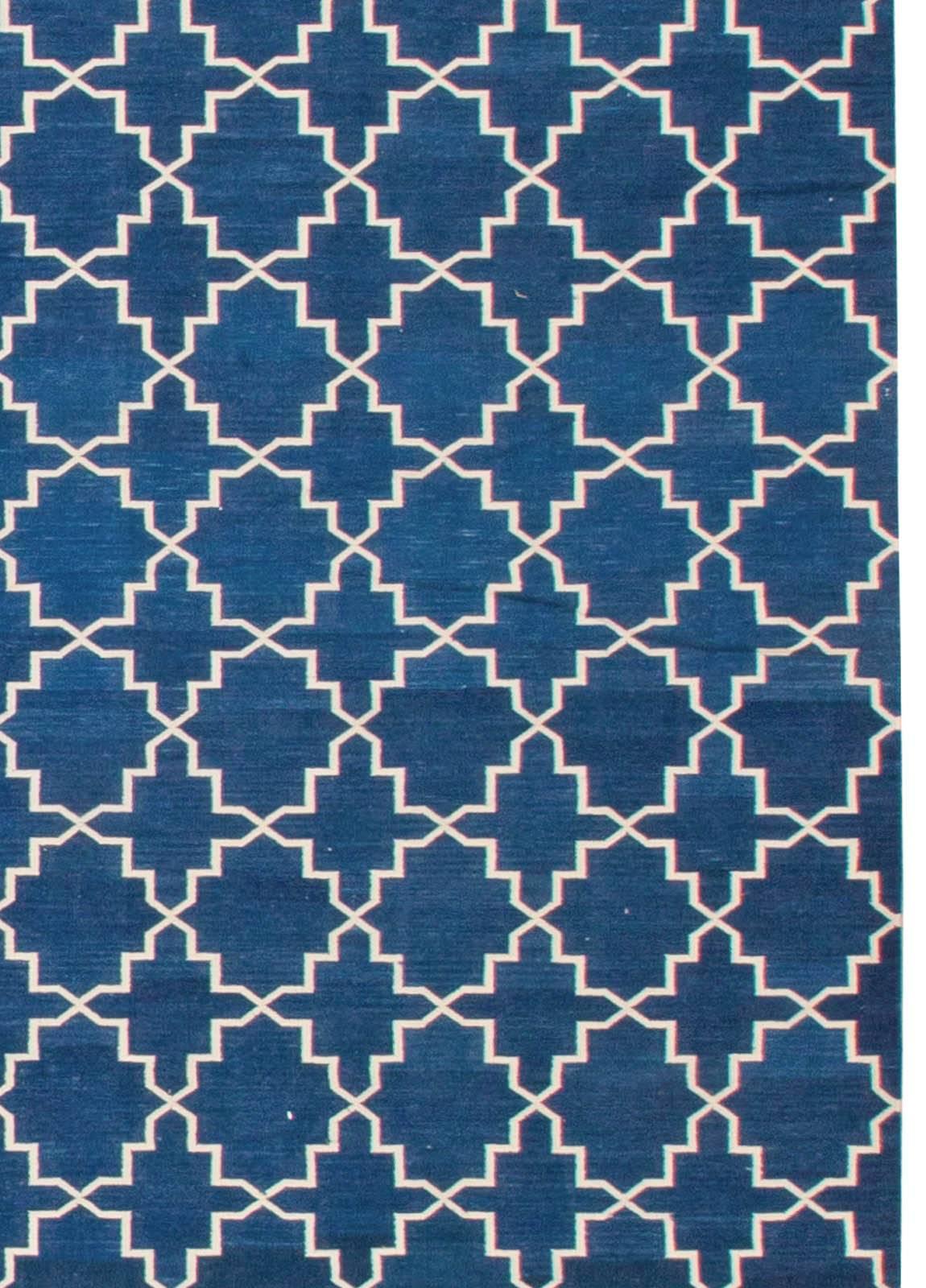 Hand-Woven Contemporary Indian Dhurrie Blue and White Handmade Rug by Doris Leslie Blau For Sale