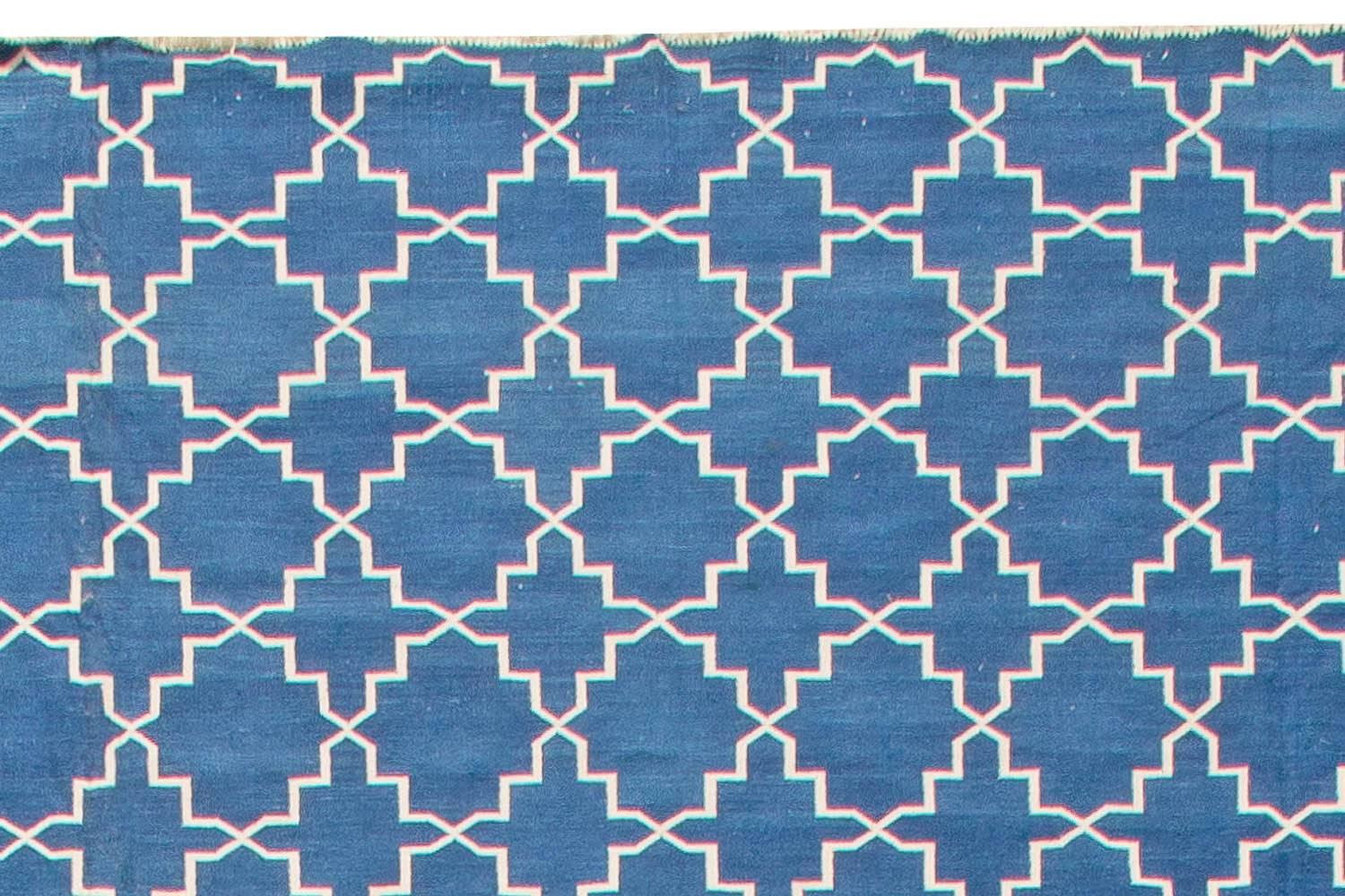 Cotton Contemporary Indian Dhurrie Blue and White Handmade Rug by Doris Leslie Blau For Sale