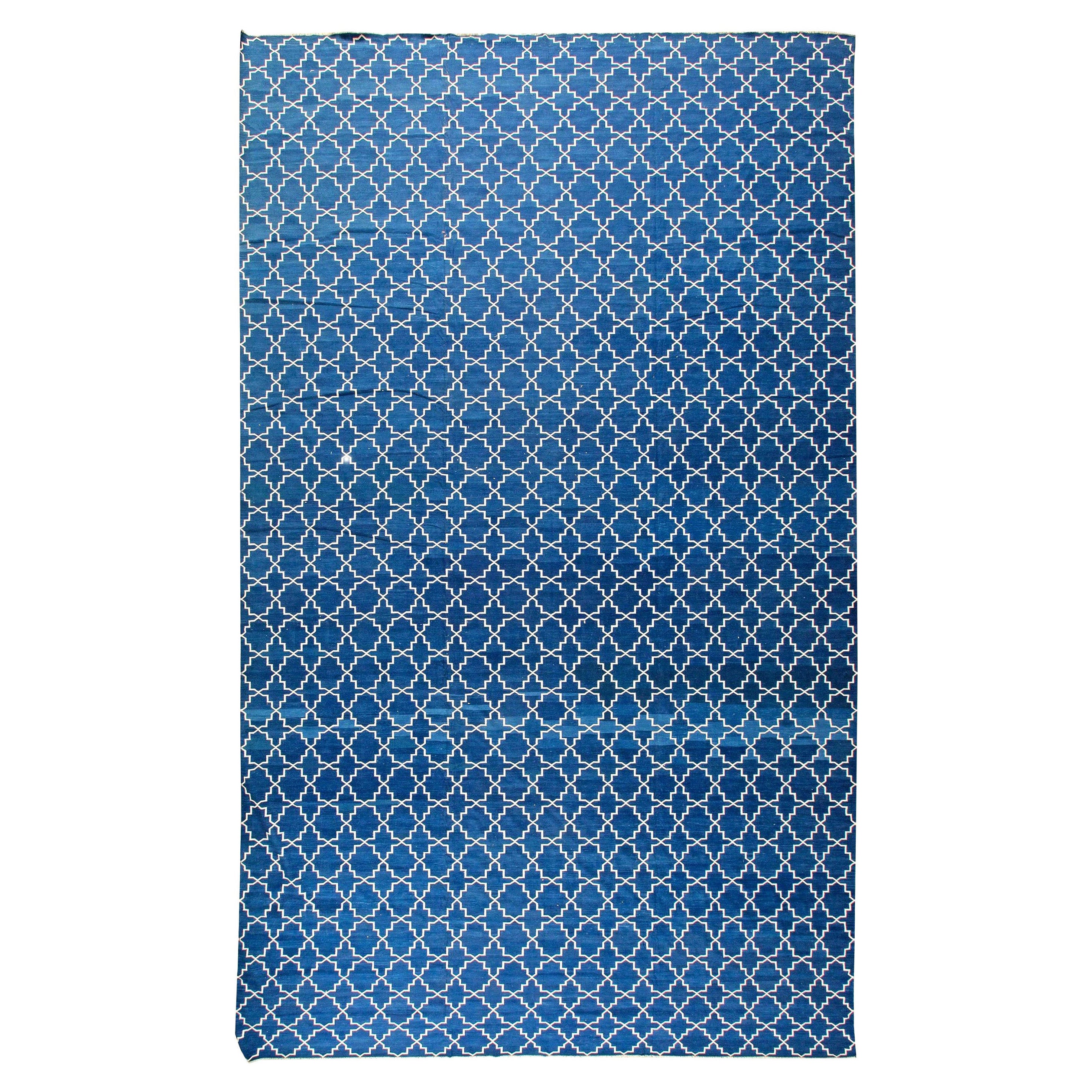 Contemporary Indian Dhurrie Blue and White Handmade Rug by Doris Leslie Blau