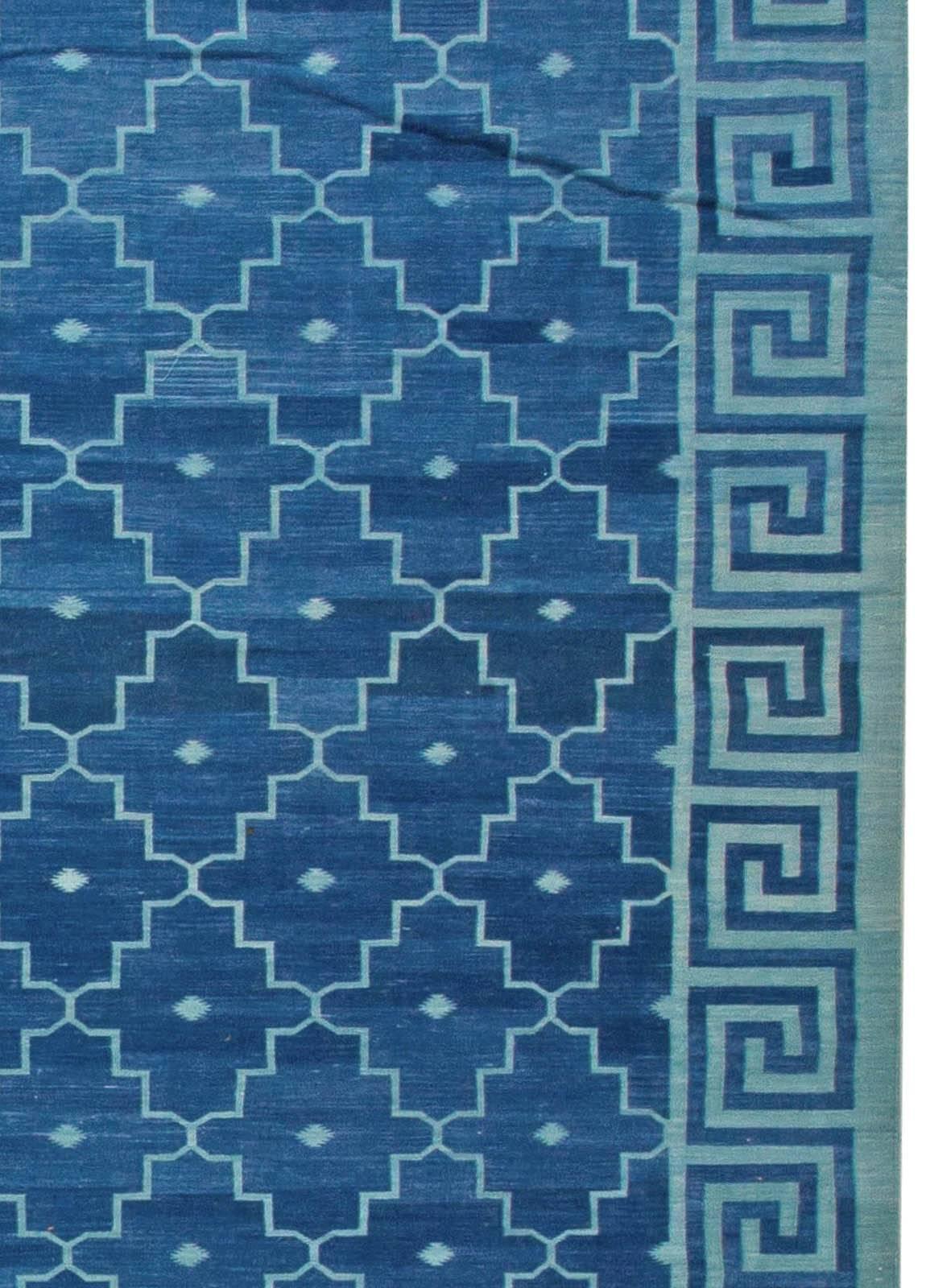 Cotton Contemporary Indian Dhurrie Blue Flat-Weave Rug by Doris Leslie Blau For Sale