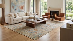 Tappeto indiano contemporaneo in lana annodato a mano, ispirato allo stile di Agra, nei toni del terracotta, Sage e blu