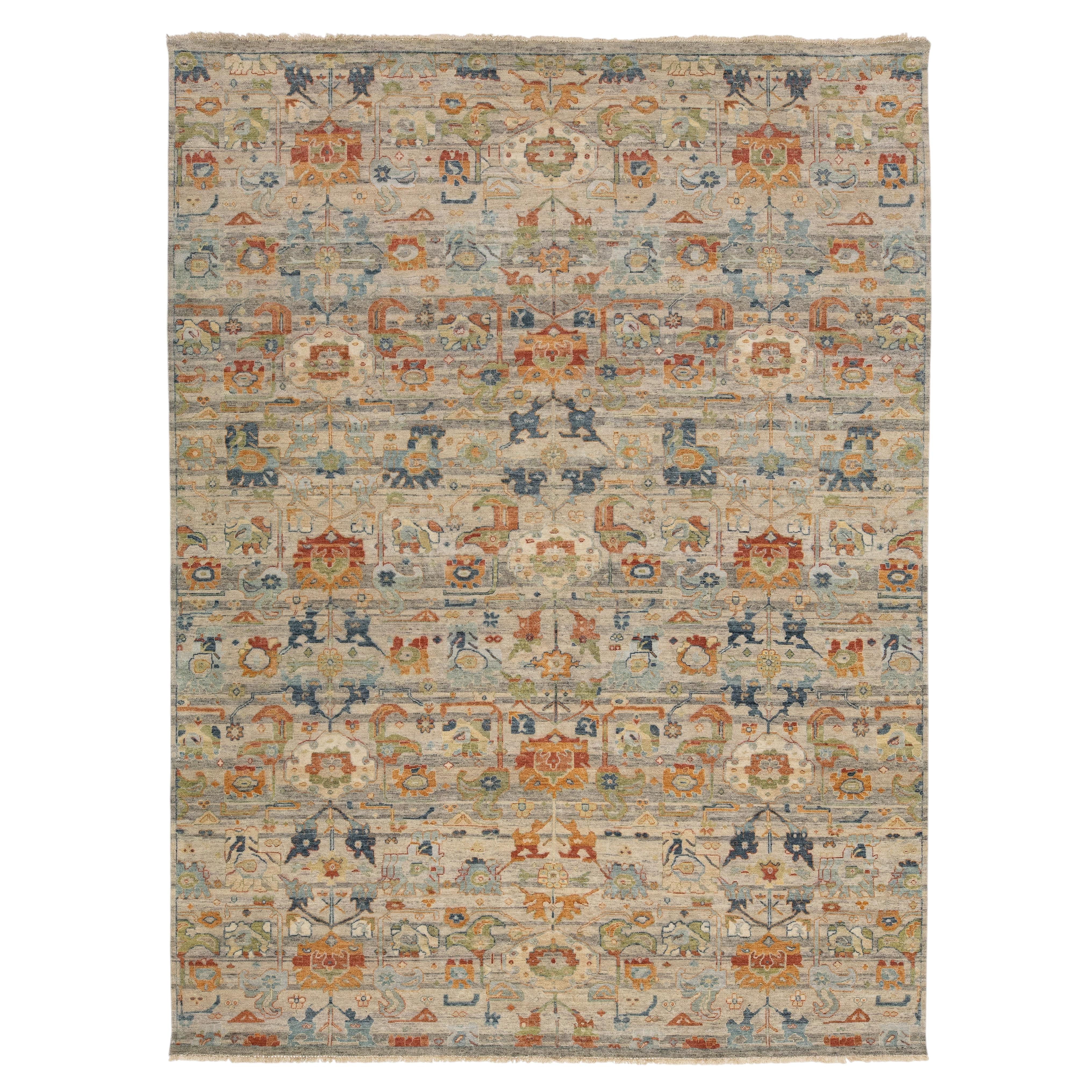 Contemporary Indian Hand-Knotted Wool Rug Agra-Inspired Terracotta, Sage & Blue For Sale