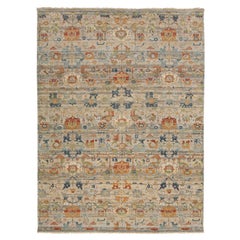Tappeto indiano contemporaneo in lana annodato a mano, ispirato allo stile di Agra, nei toni del terracotta, Sage e blu