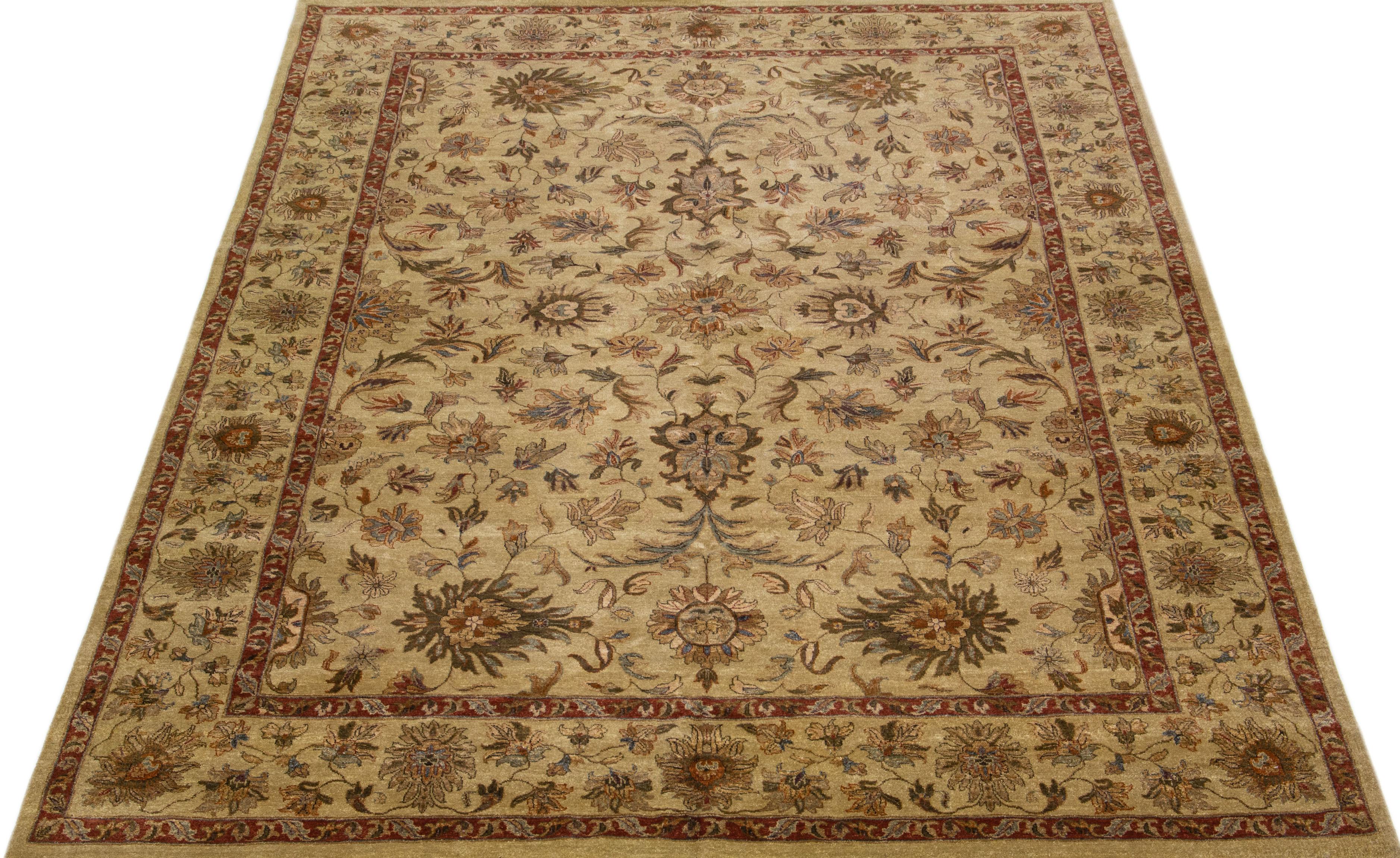 Mid-Century Modern Contemporary Indian Handmade Floral Wool Rug In Tan Color For Sale