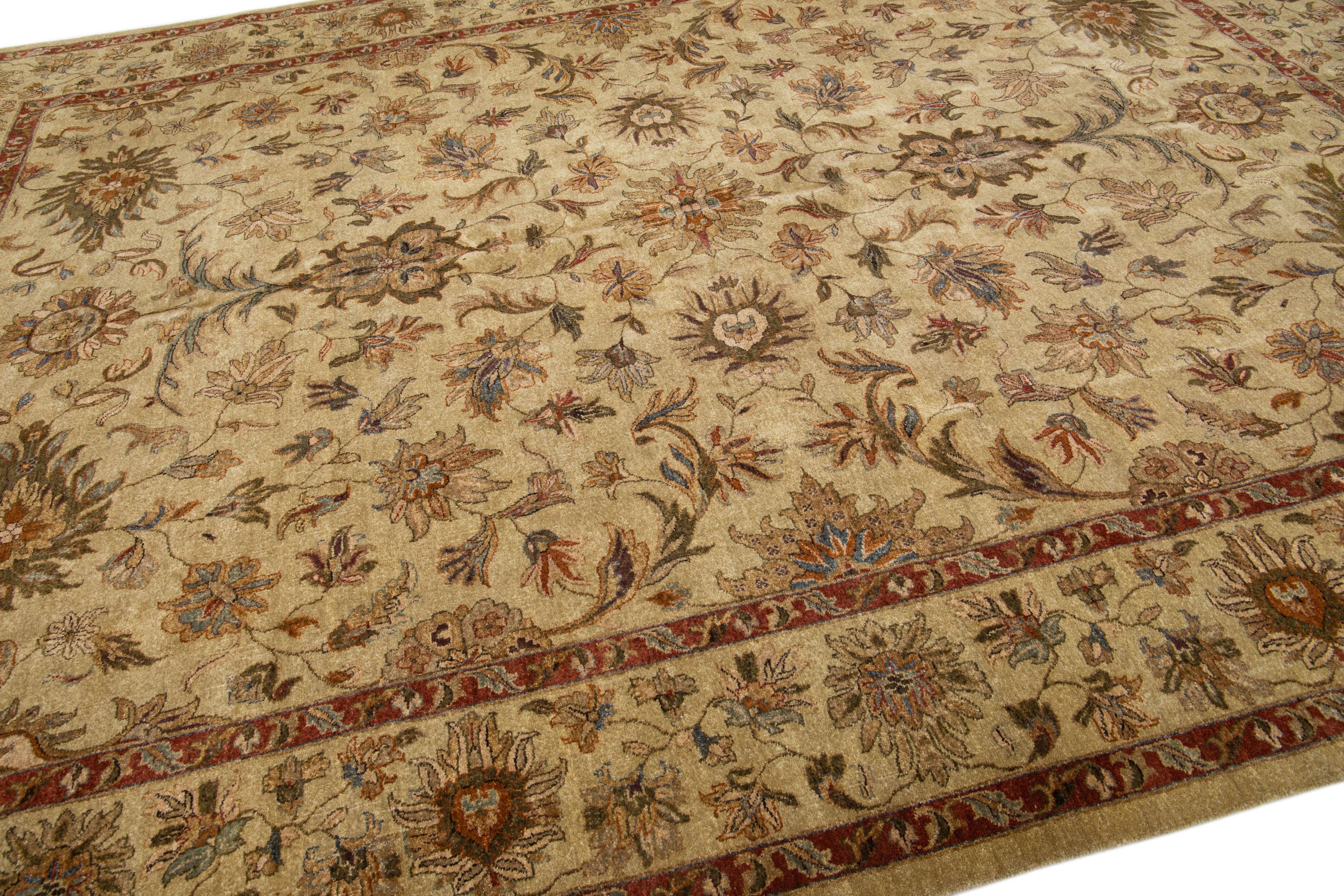 Hand-Knotted Contemporary Indian Handmade Floral Wool Rug In Tan Color For Sale