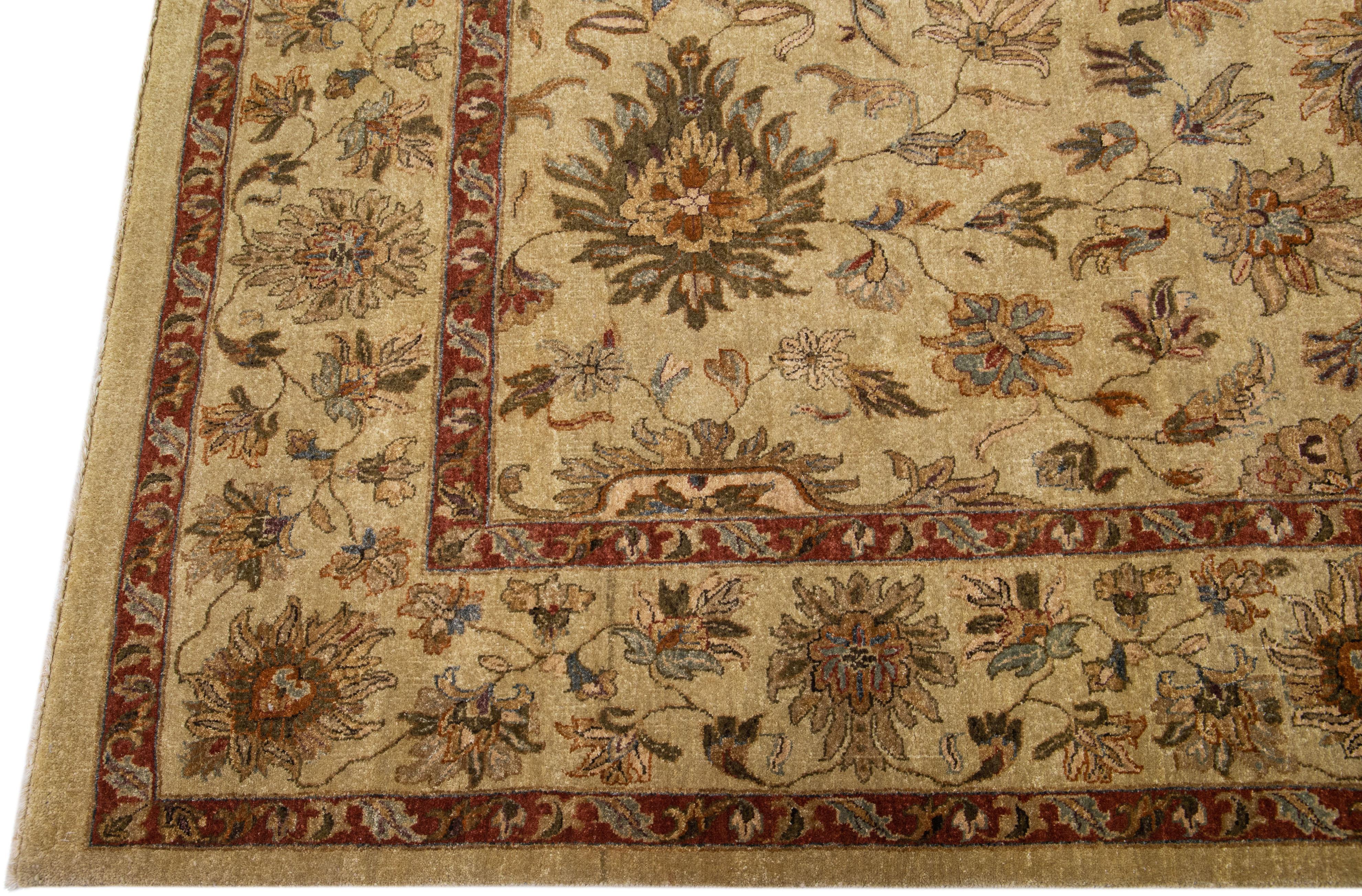 Contemporary Indian Handmade Floral Wool Rug In Tan Color For Sale 1