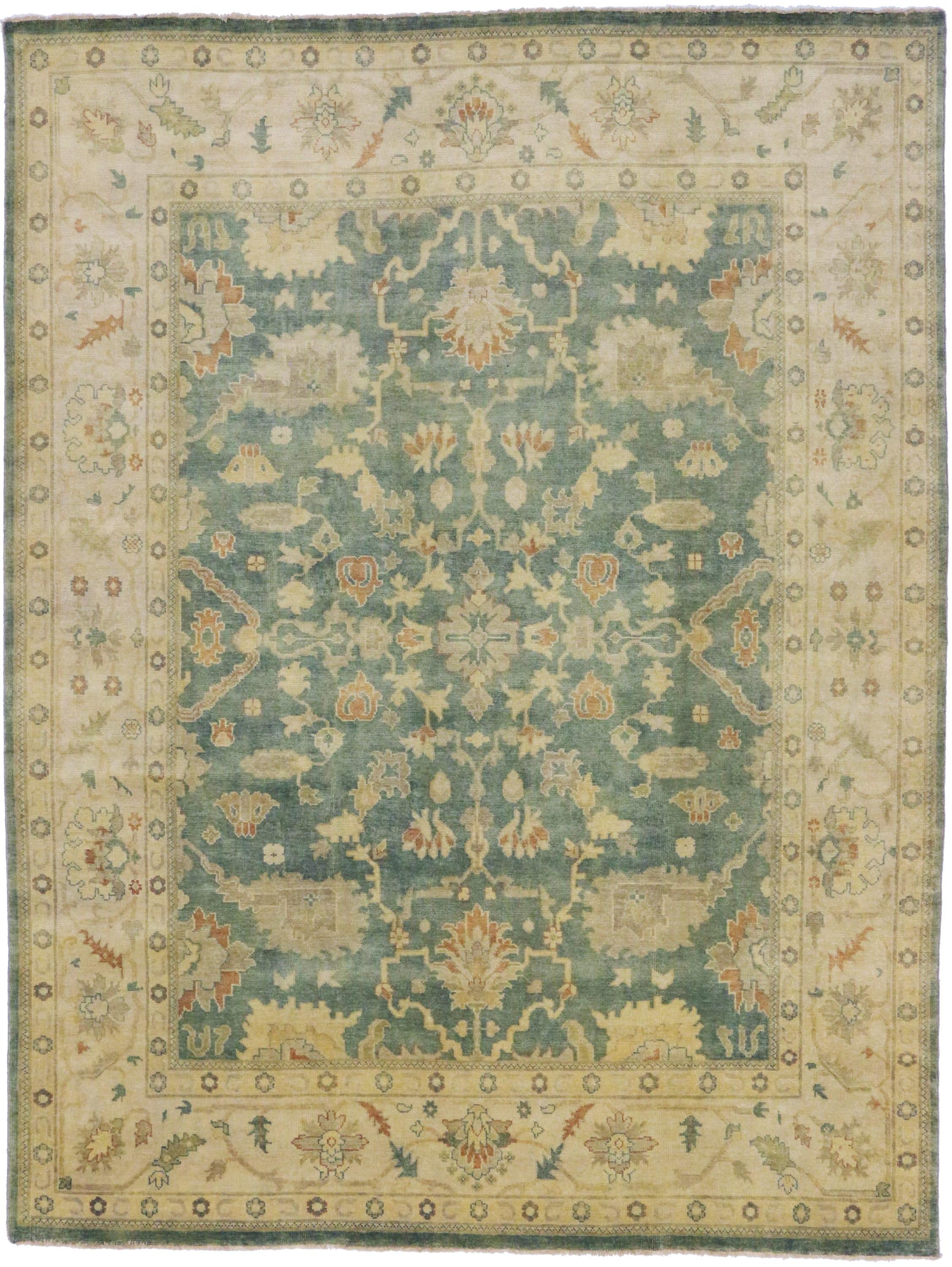 Hand-Knotted Contemporary Indian Oushak Style Area Rug with Arts & Crafts Style