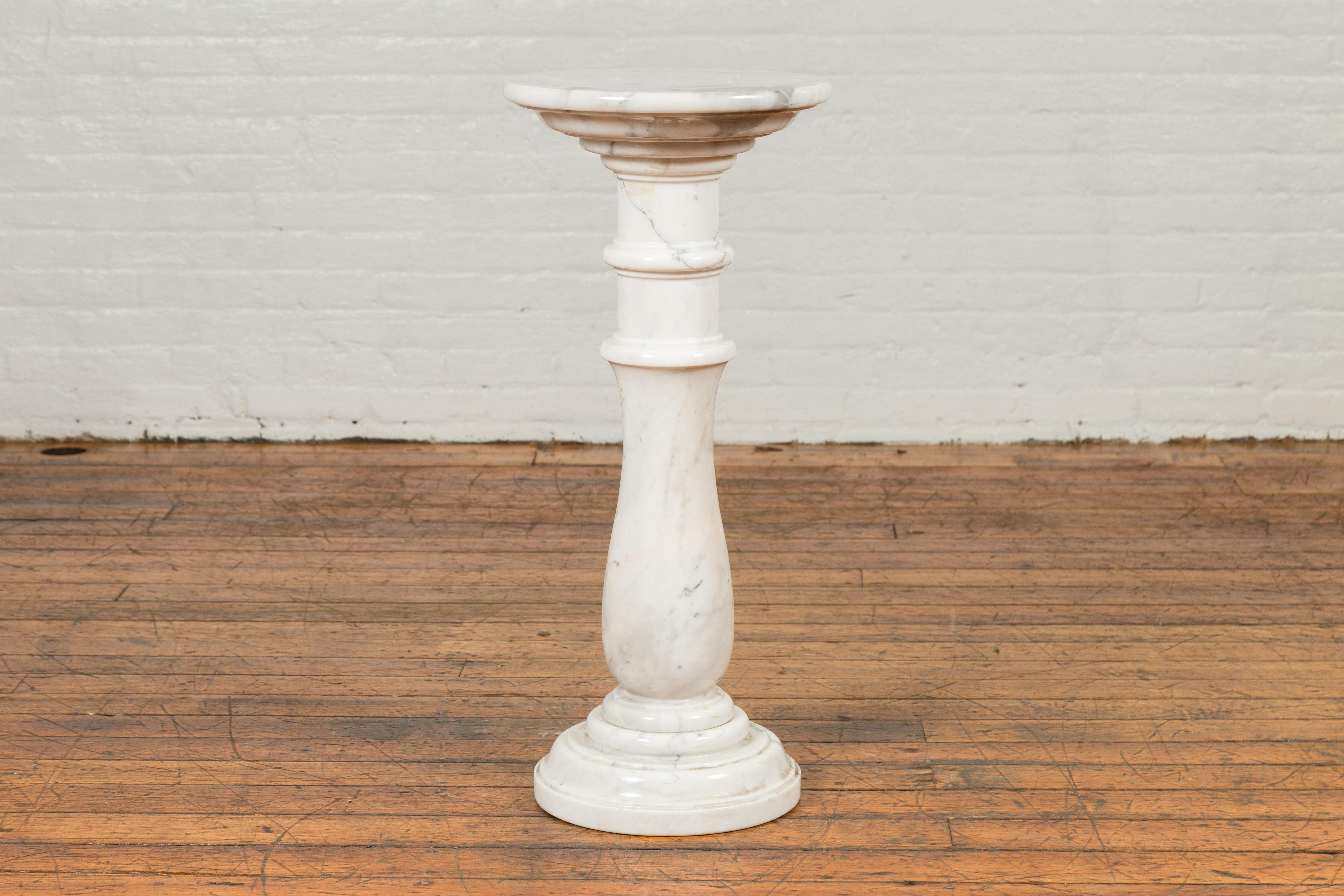 Contemporary Indian White Marble Pedestal with Baluster Base and Circular Top 6