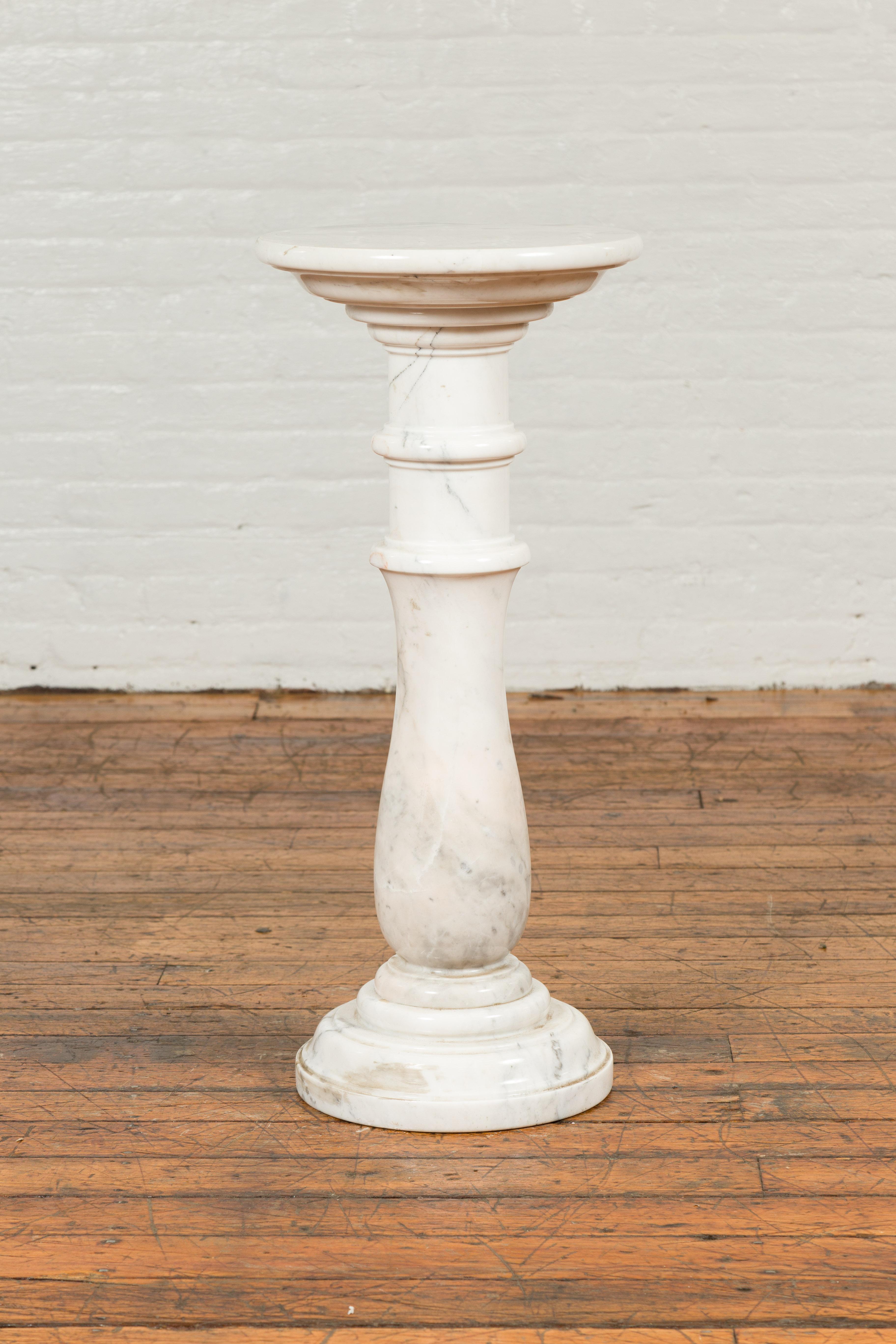 Contemporary Indian White Marble Pedestal with Baluster Base and Circular Top 2