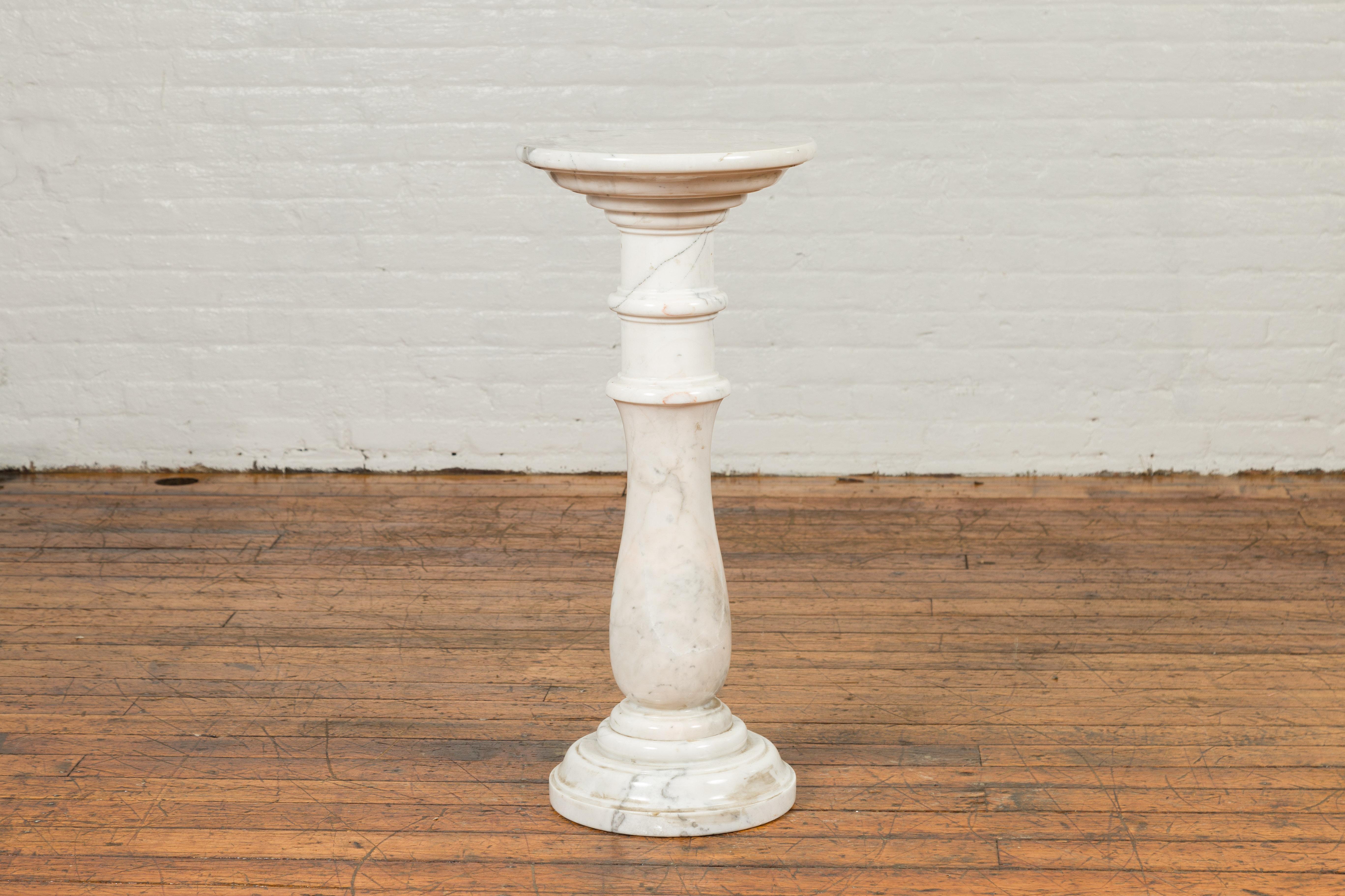 Contemporary Indian White Marble Pedestal with Baluster Base and Circular Top 5