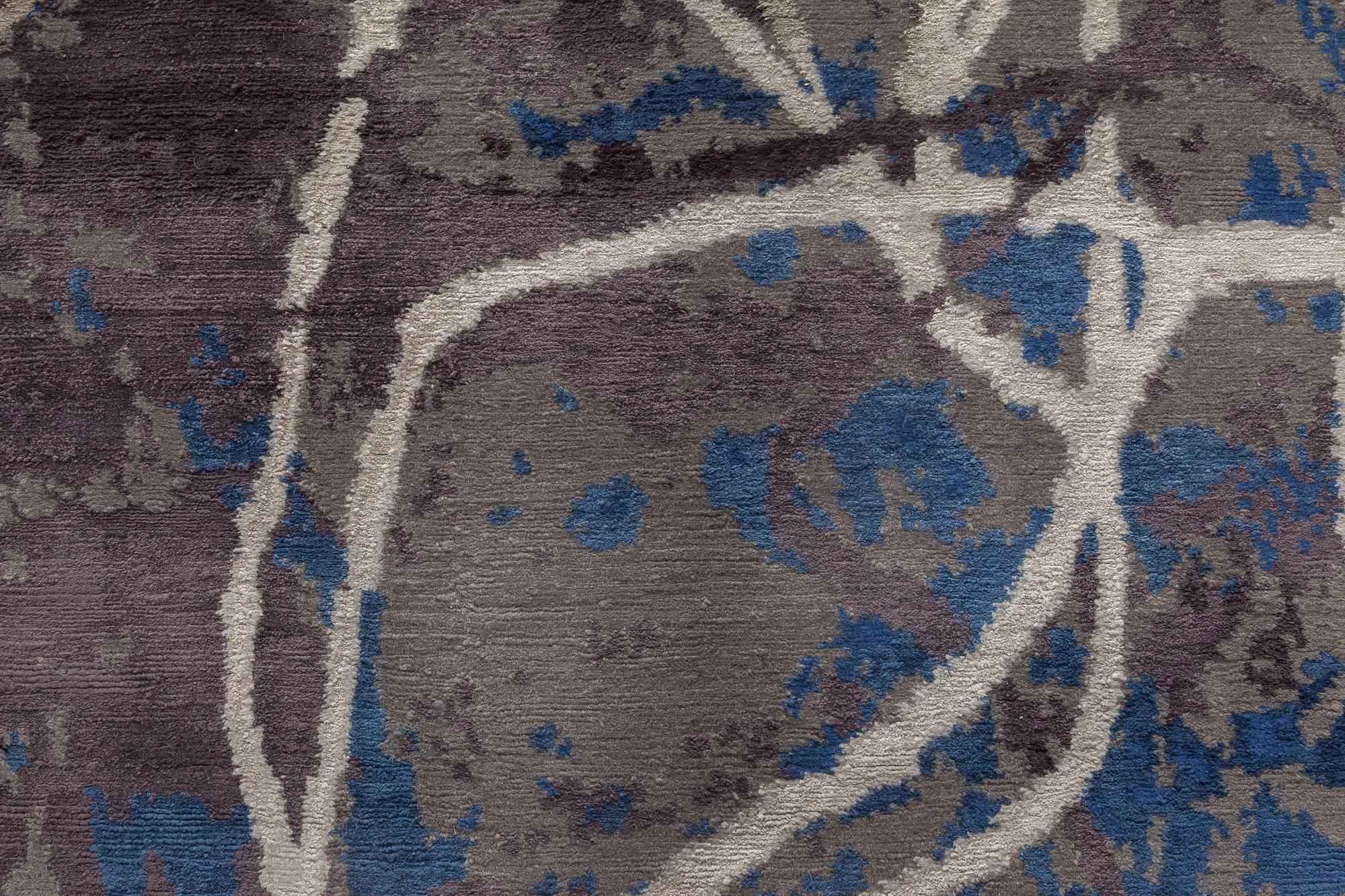 Modern Contemporary Indigo and Brown Hand-Spun Wool and Silk Rug by Doris Leslie Blau For Sale