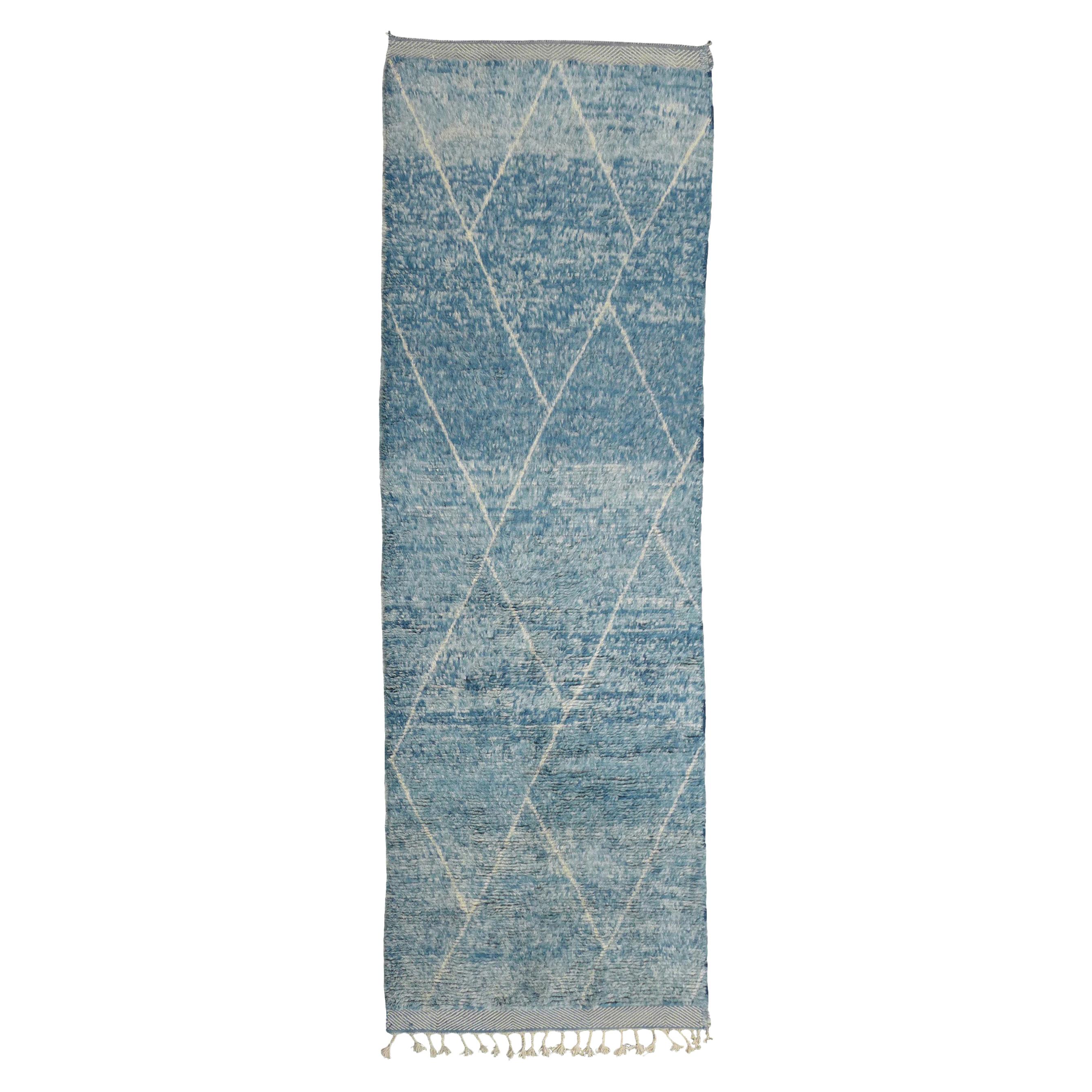 Contemporary Indigo Blue Moroccan Berber Runner Rug