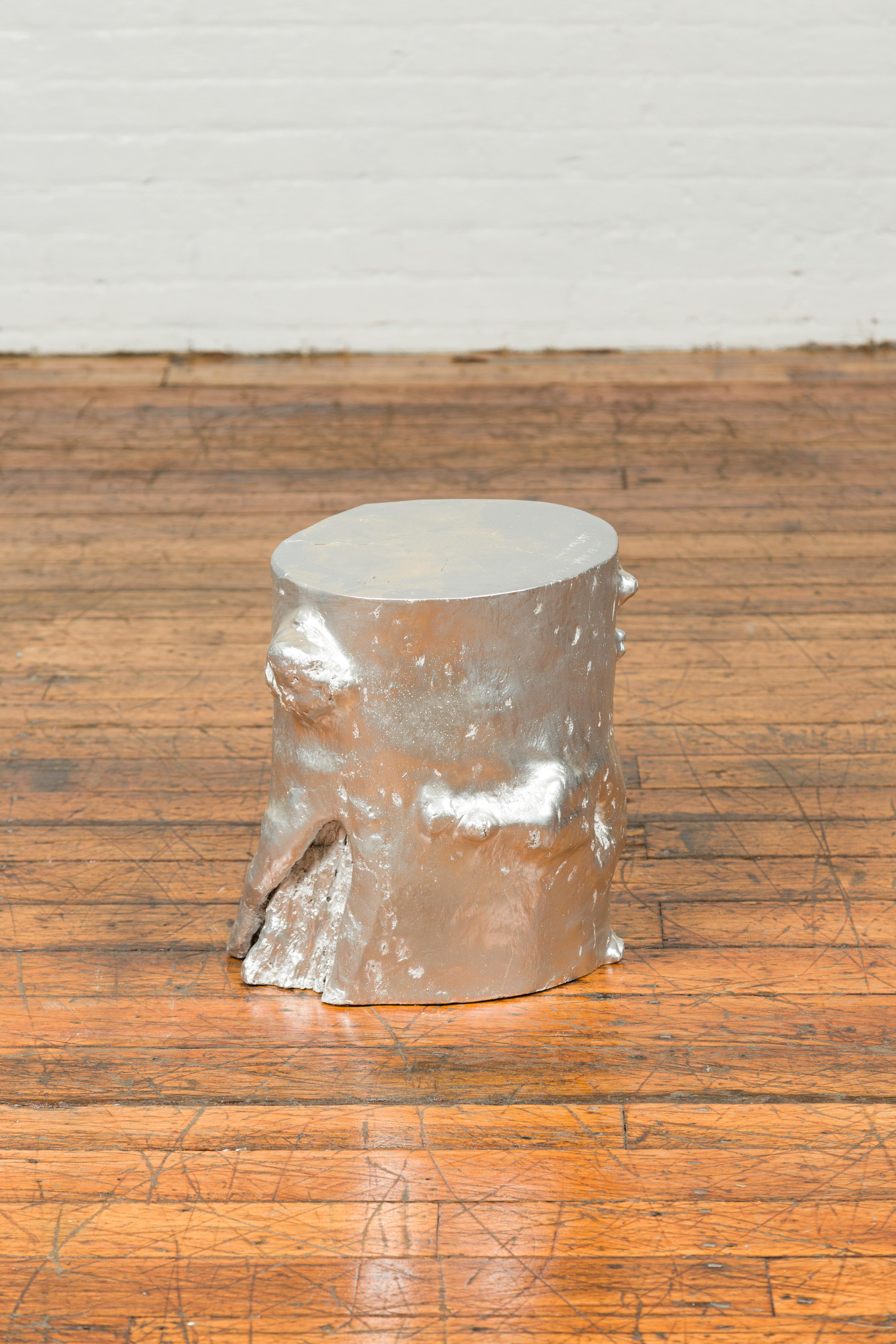 Painted Contemporary Indonesian Silver-Colored Pedestal Tree Stump Pedestal For Sale