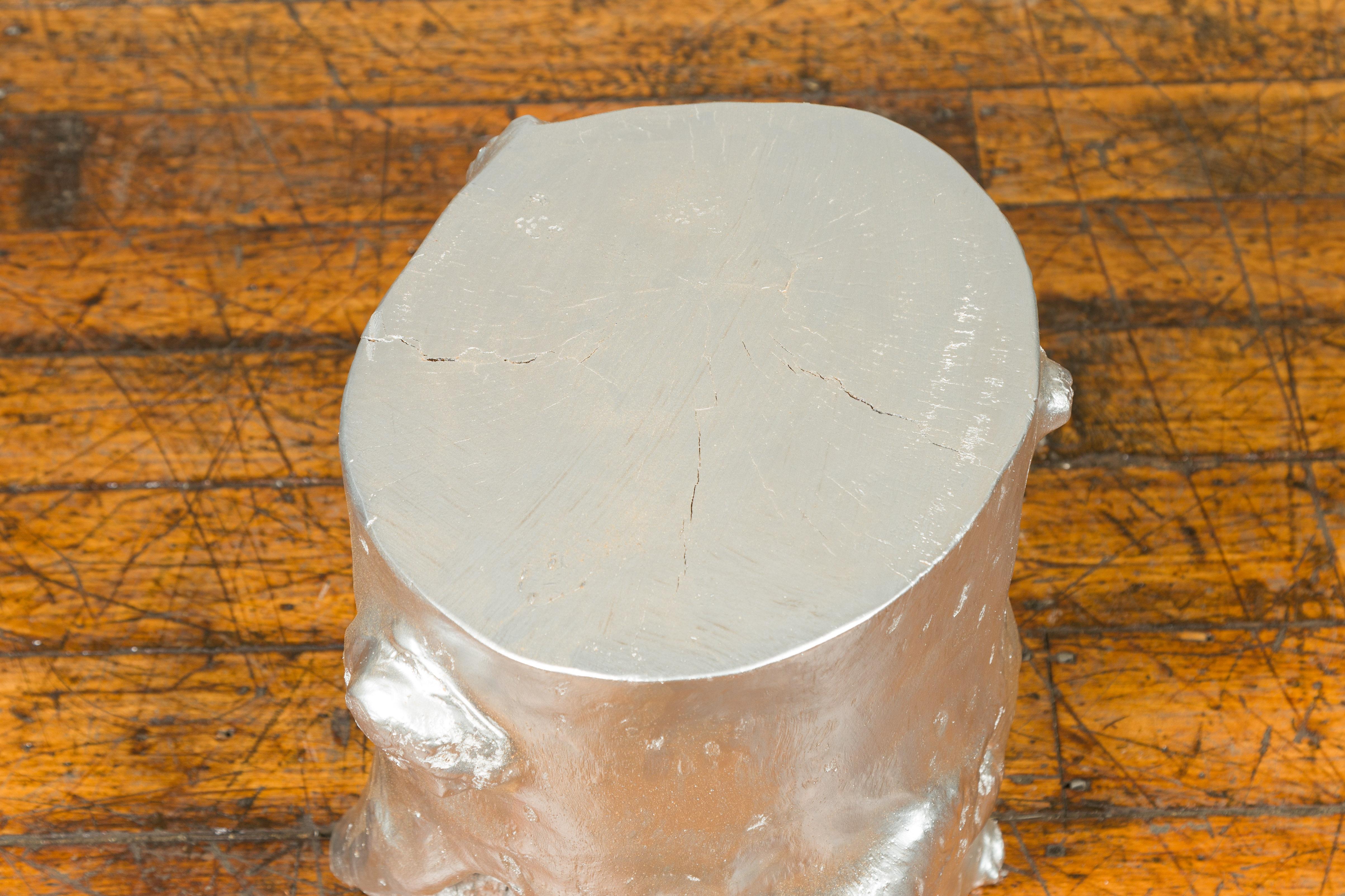 Contemporary Indonesian Silver-Colored Pedestal Tree Stump Pedestal In Good Condition For Sale In Yonkers, NY