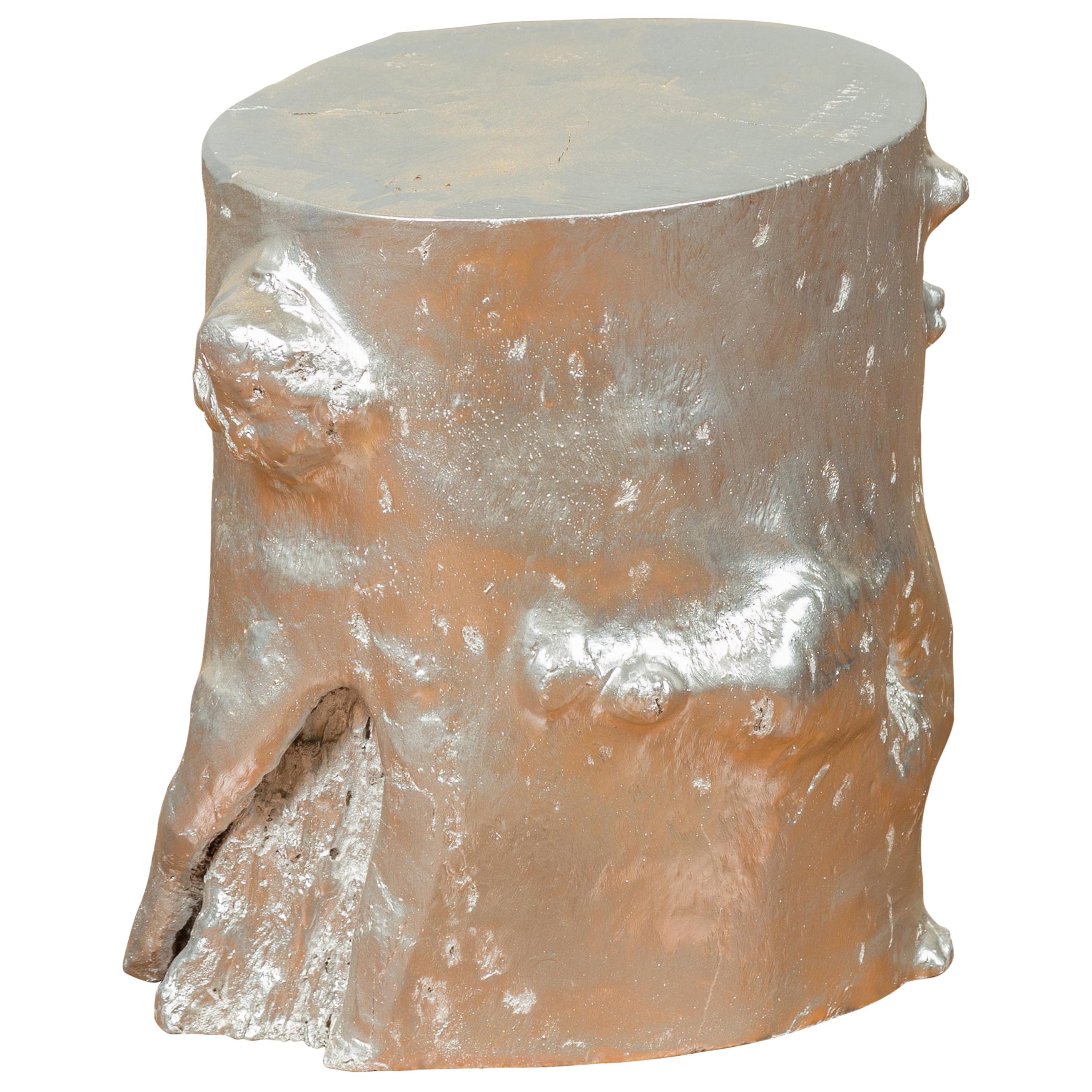 Contemporary Indonesian Silver-Colored Pedestal Tree Stump Pedestal For Sale