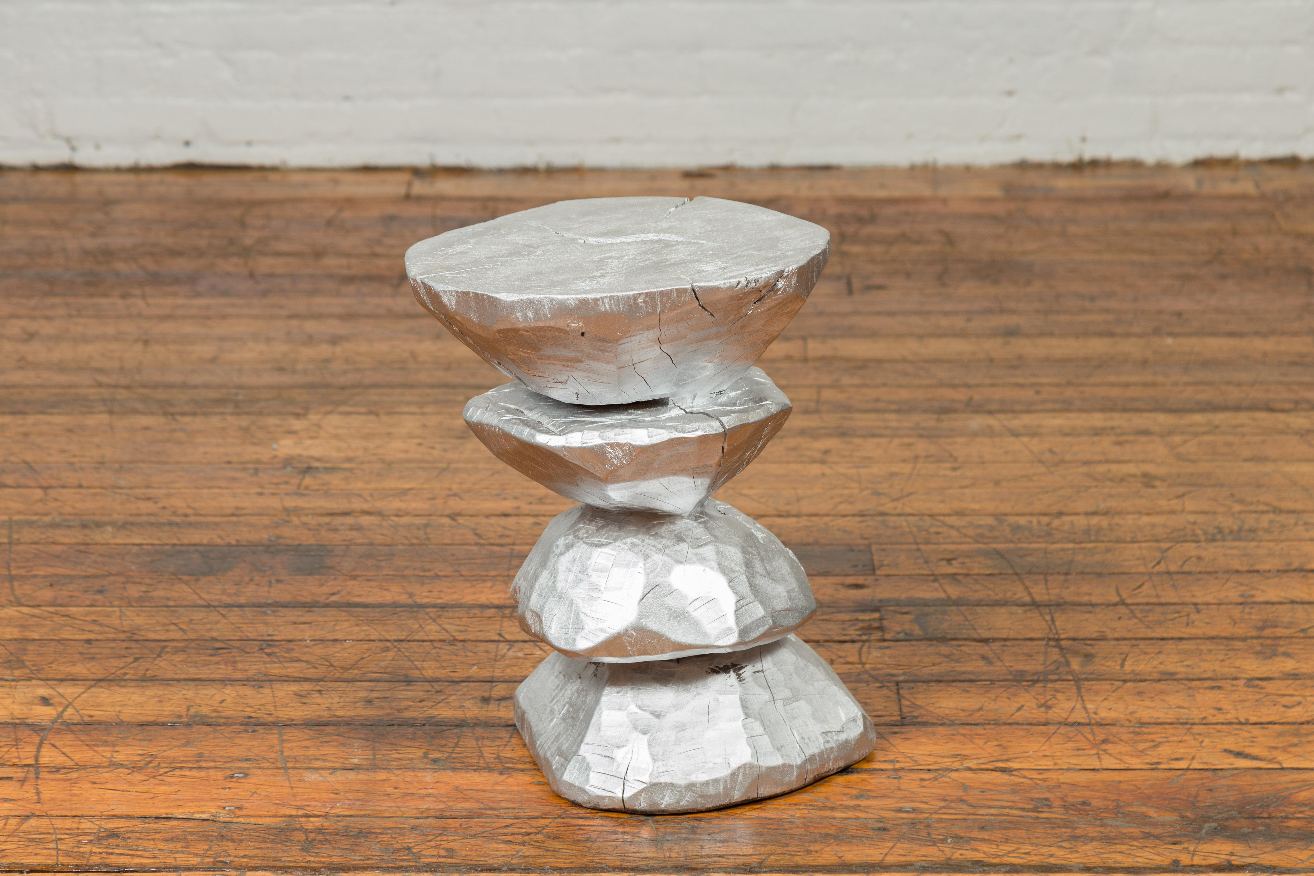 Painted Silver-Colored Pedestal with Hourglass-Inspired Shape with Rustic Character For Sale