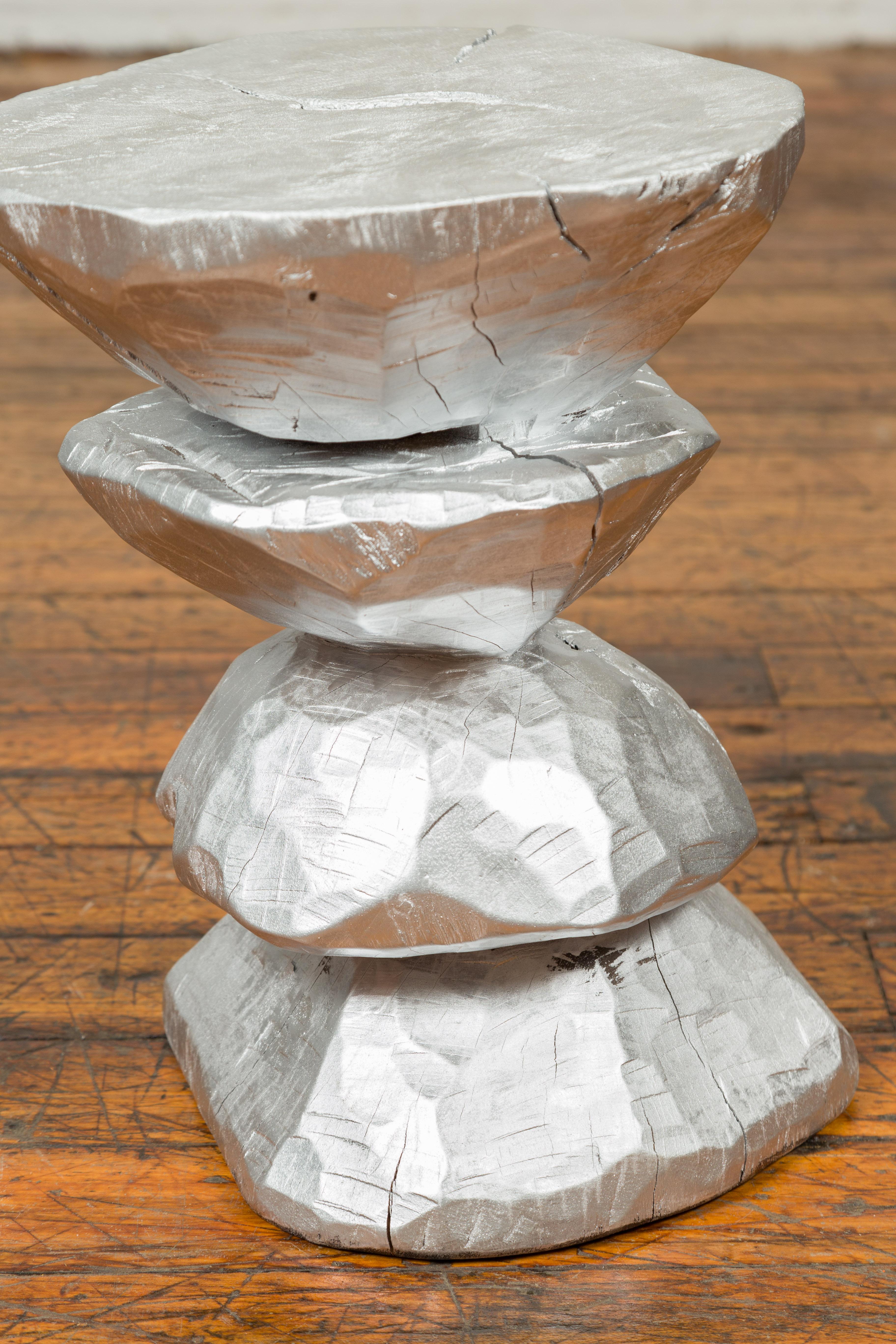 Wood Contemporary Indonesian Silver-Colored Pedestal with Hourglass-Inspired Shape For Sale