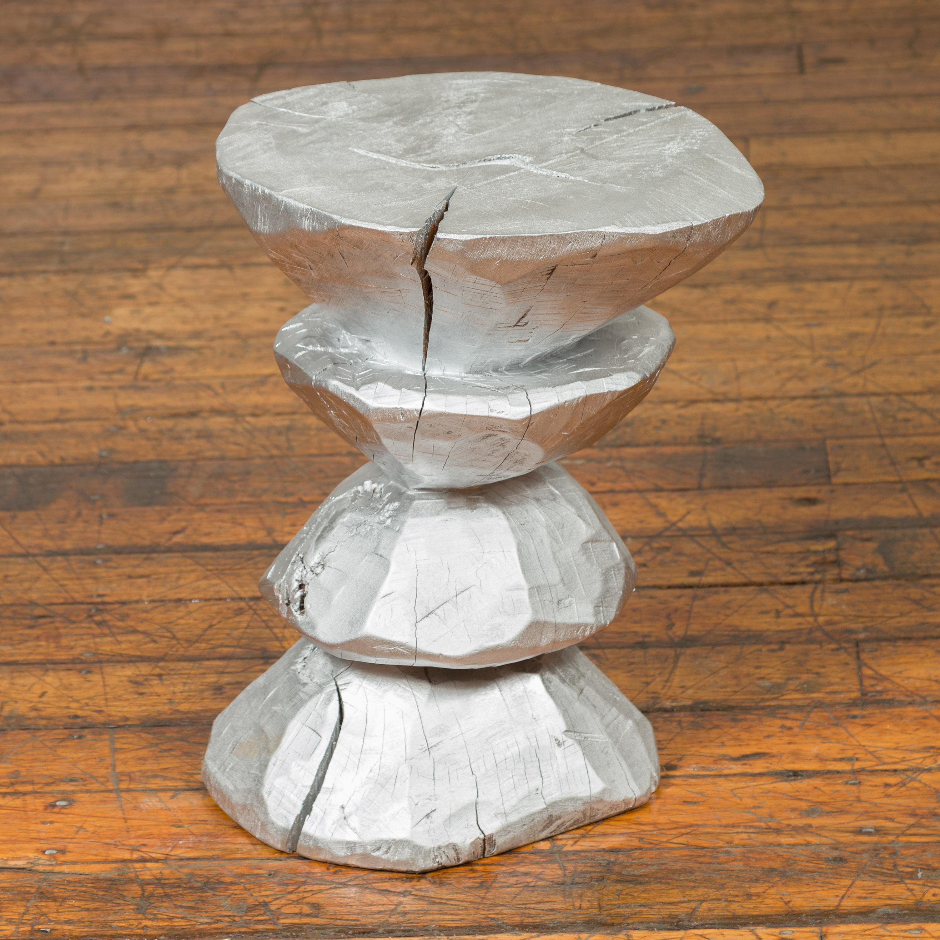 Contemporary Indonesian Silver-Colored Pedestal with Hourglass-Inspired Shape For Sale 3
