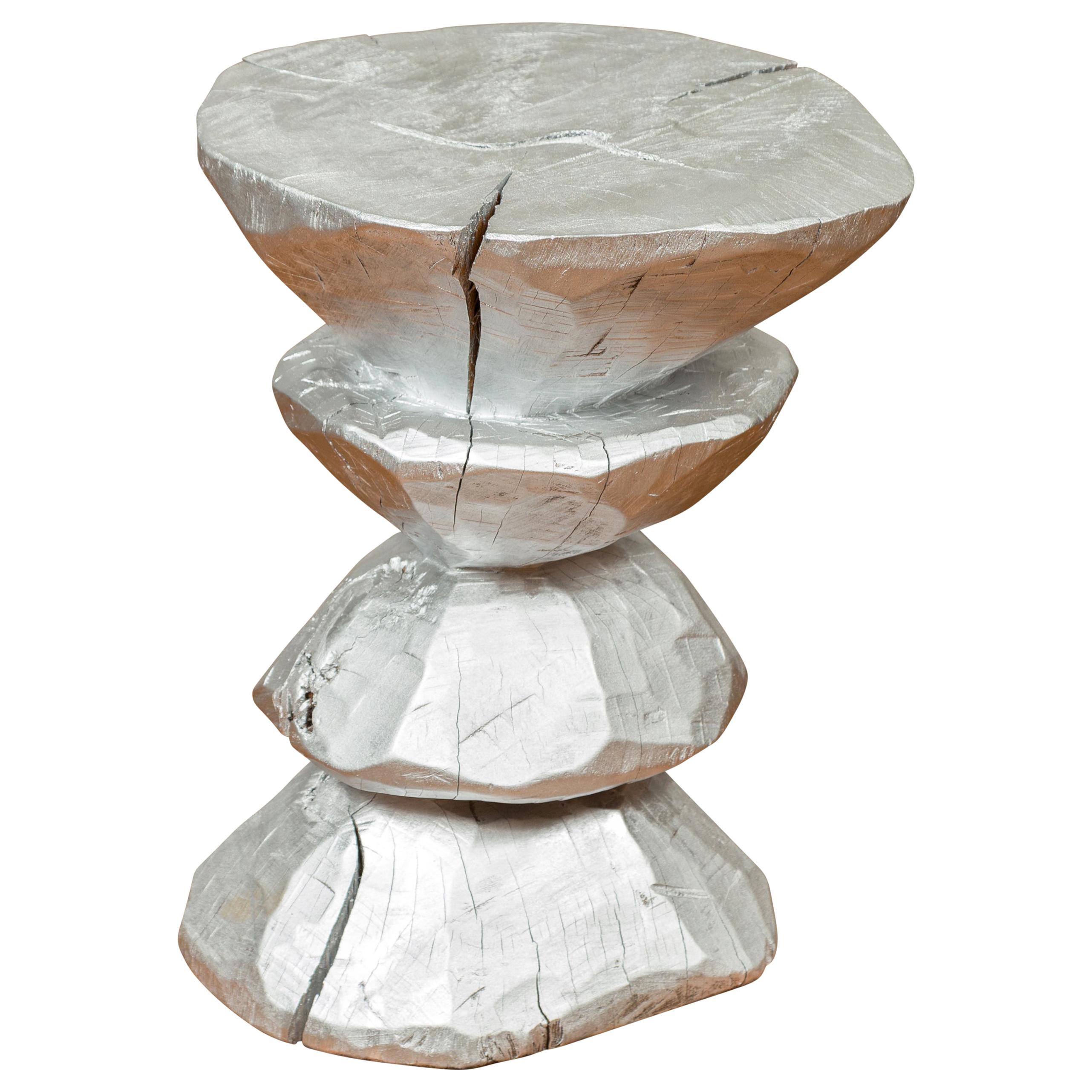 Silver-Colored Pedestal with Hourglass-Inspired Shape with Rustic Character