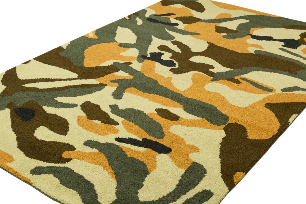 Contemporary Camo Fatigues and Gold Handwoven Rug by Joseph Carini In New Condition For Sale In New York, NY