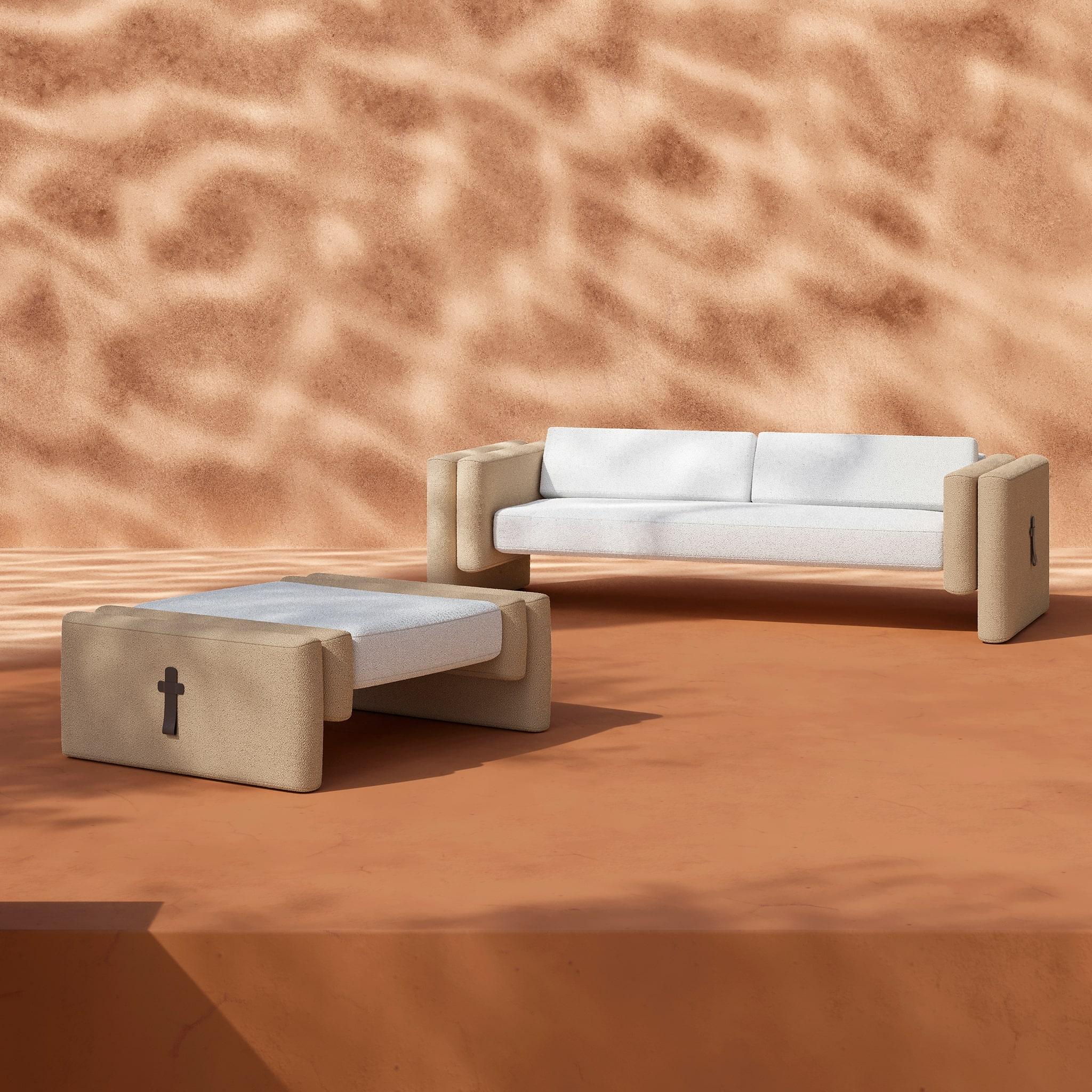 Zeitgenössisches Sofa für den Innen- und Außenbereich in Beige, Khaki und Weiß mit Outdoor-Stoff (Handgefertigt) im Angebot