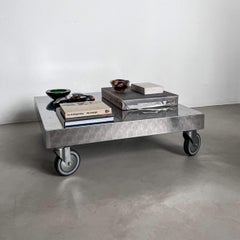 Contemporary Industrial Coffee Table, Stainless Steel, with Wheels