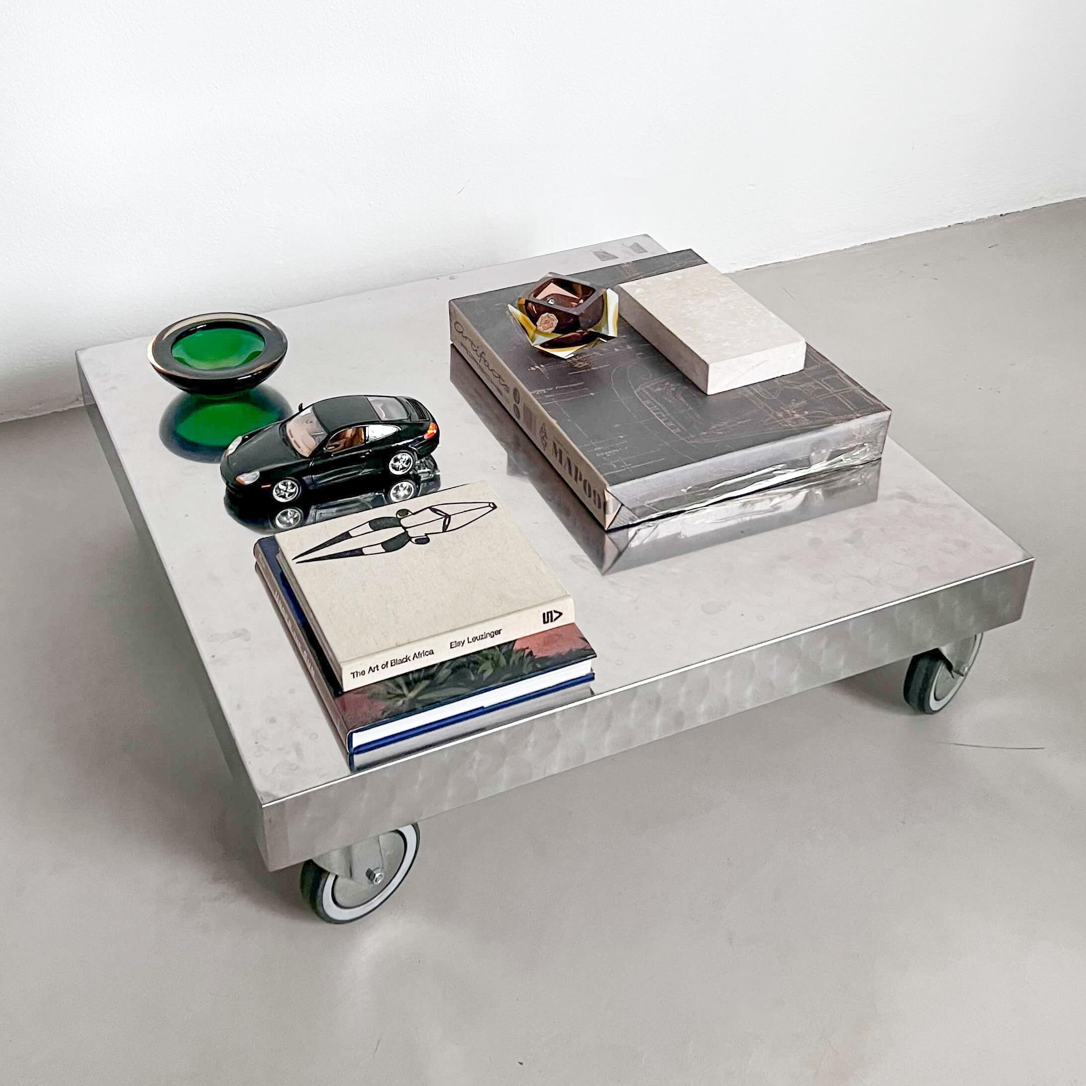 Italian Contemporary Industrial Coffee Table, Stainless Steel, with Wheels For Sale
