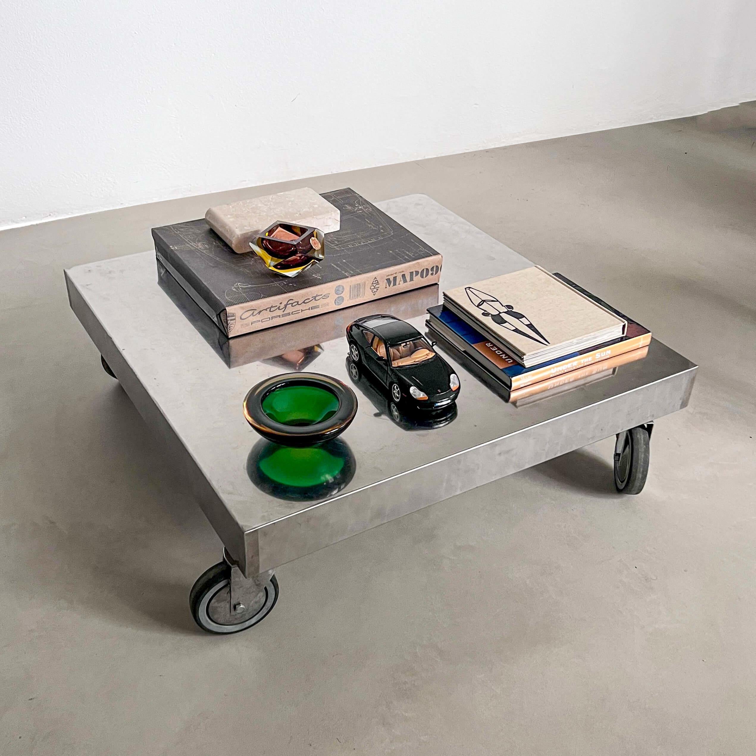 Late 20th Century Contemporary Industrial Coffee Table, Stainless Steel, with Wheels For Sale