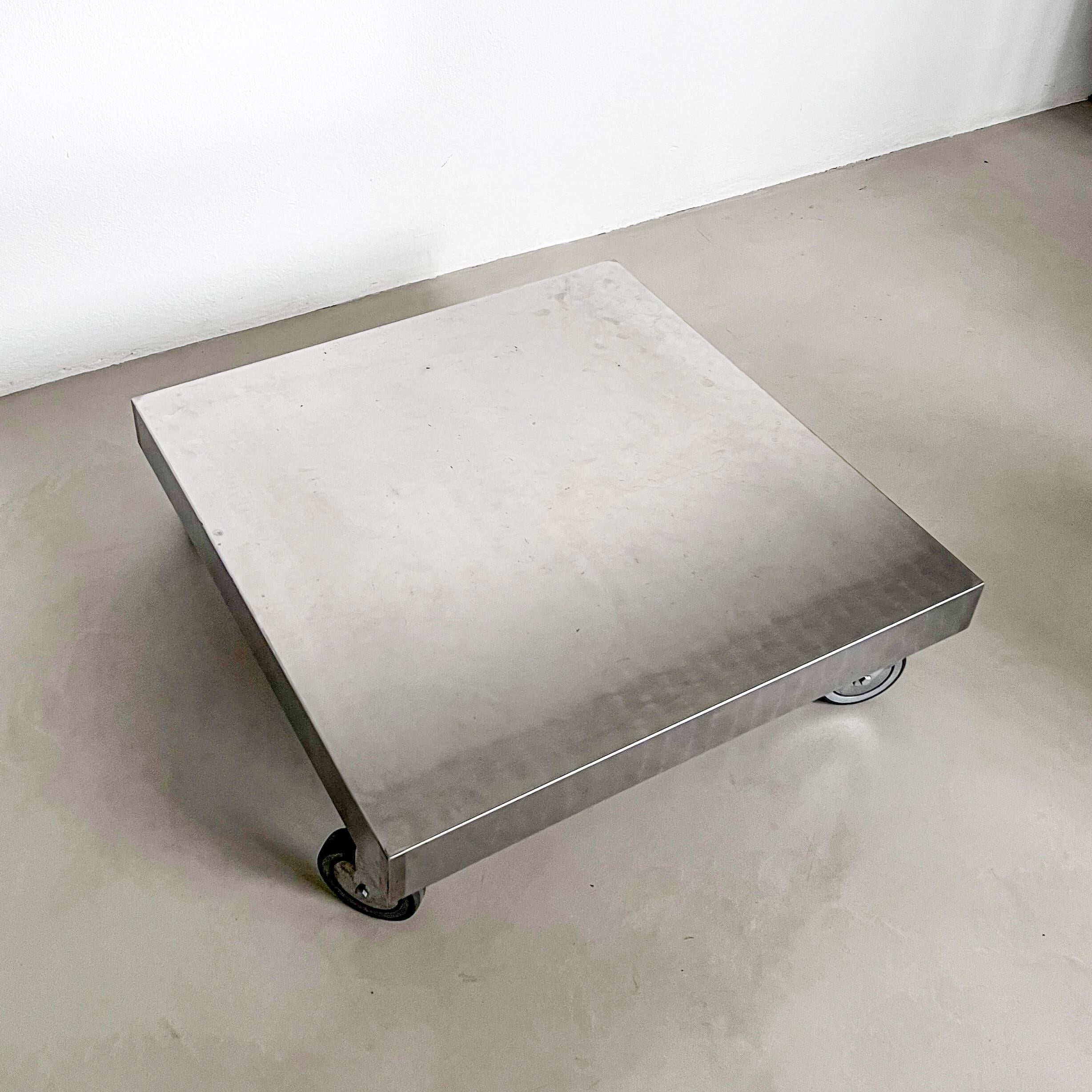 Contemporary Industrial Coffee Table, Stainless Steel, with Wheels For Sale 1