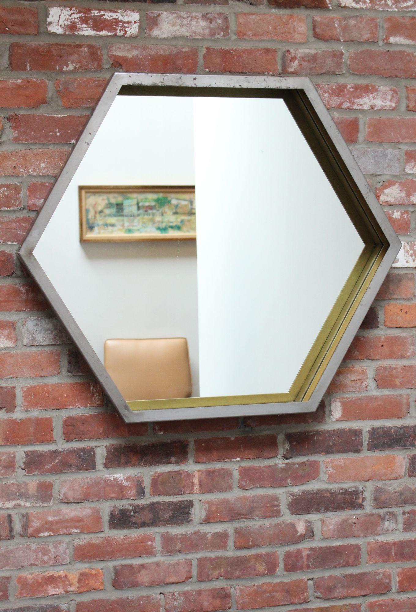 Contemporary custom made hexagonal-form wall mirror designed and built by Brooklyn, NY Industrial designer and artist, Scott Behr. Measures: 29.75