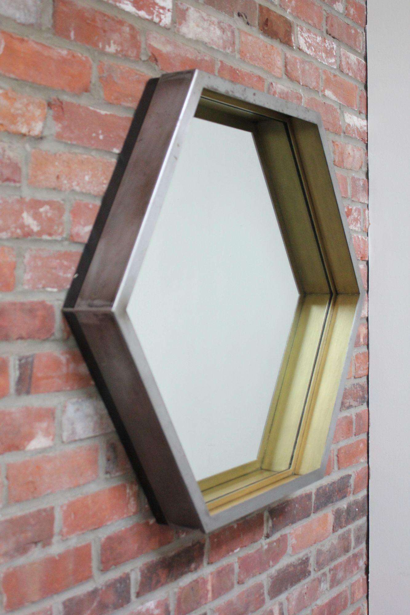 American Contemporary Industrial Hexagonal Brushed Steel Wall Mirror For Sale