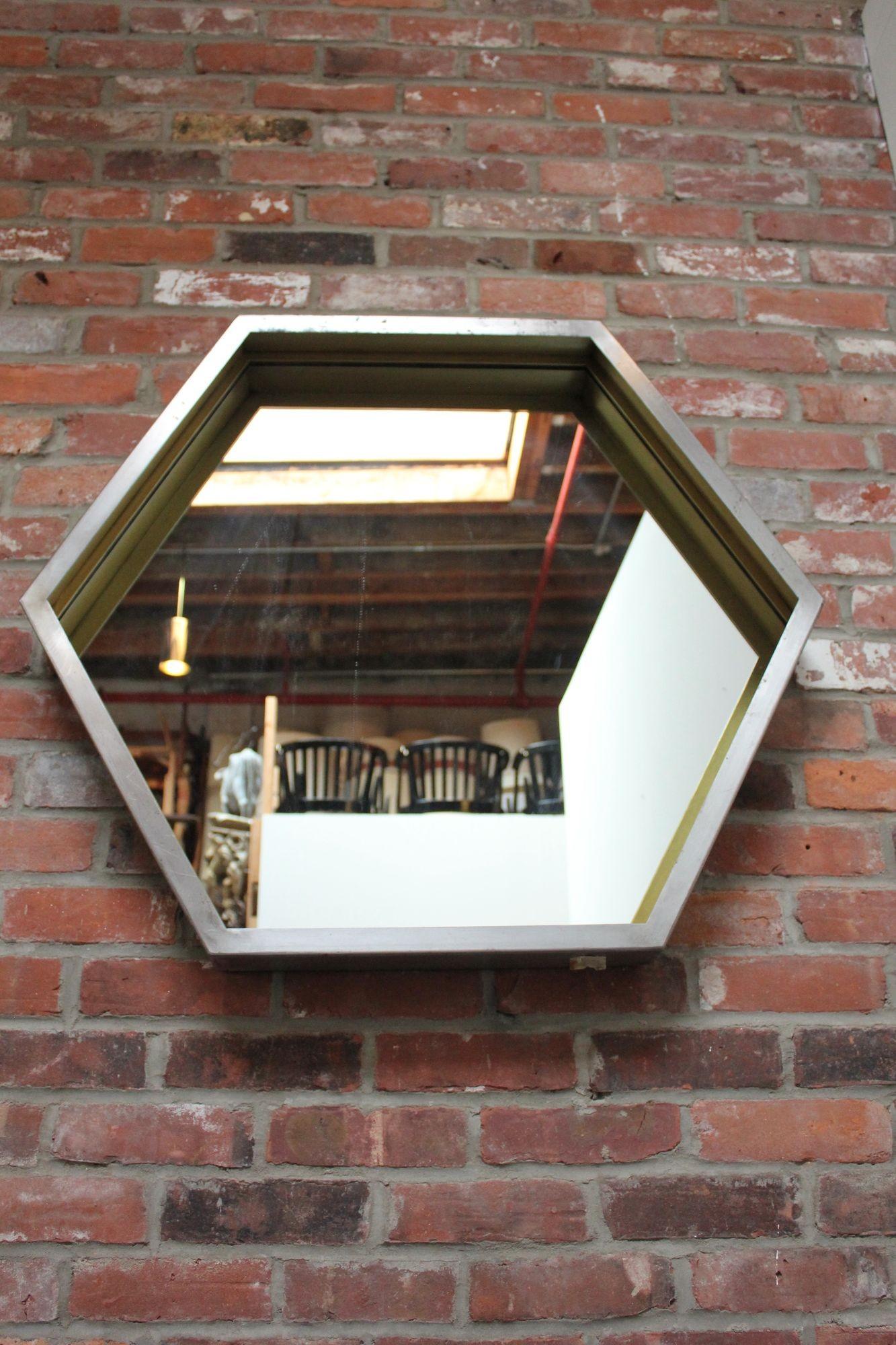 Contemporary Industrial Hexagonal Brushed Steel Wall Mirror In Good Condition For Sale In Brooklyn, NY