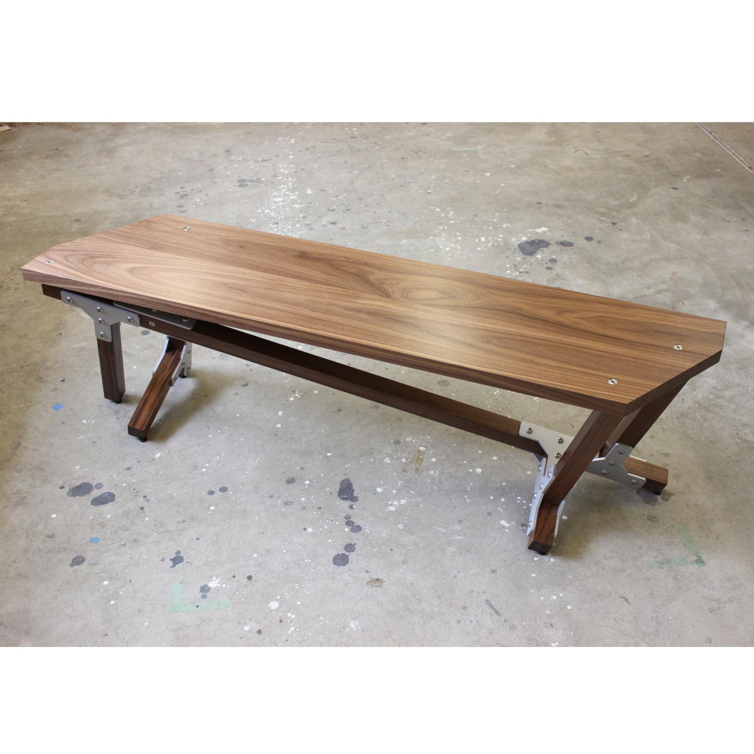 Aluminum Contemporary Industrial Walnut Bench, by Peter Harrison, in Stock For Sale