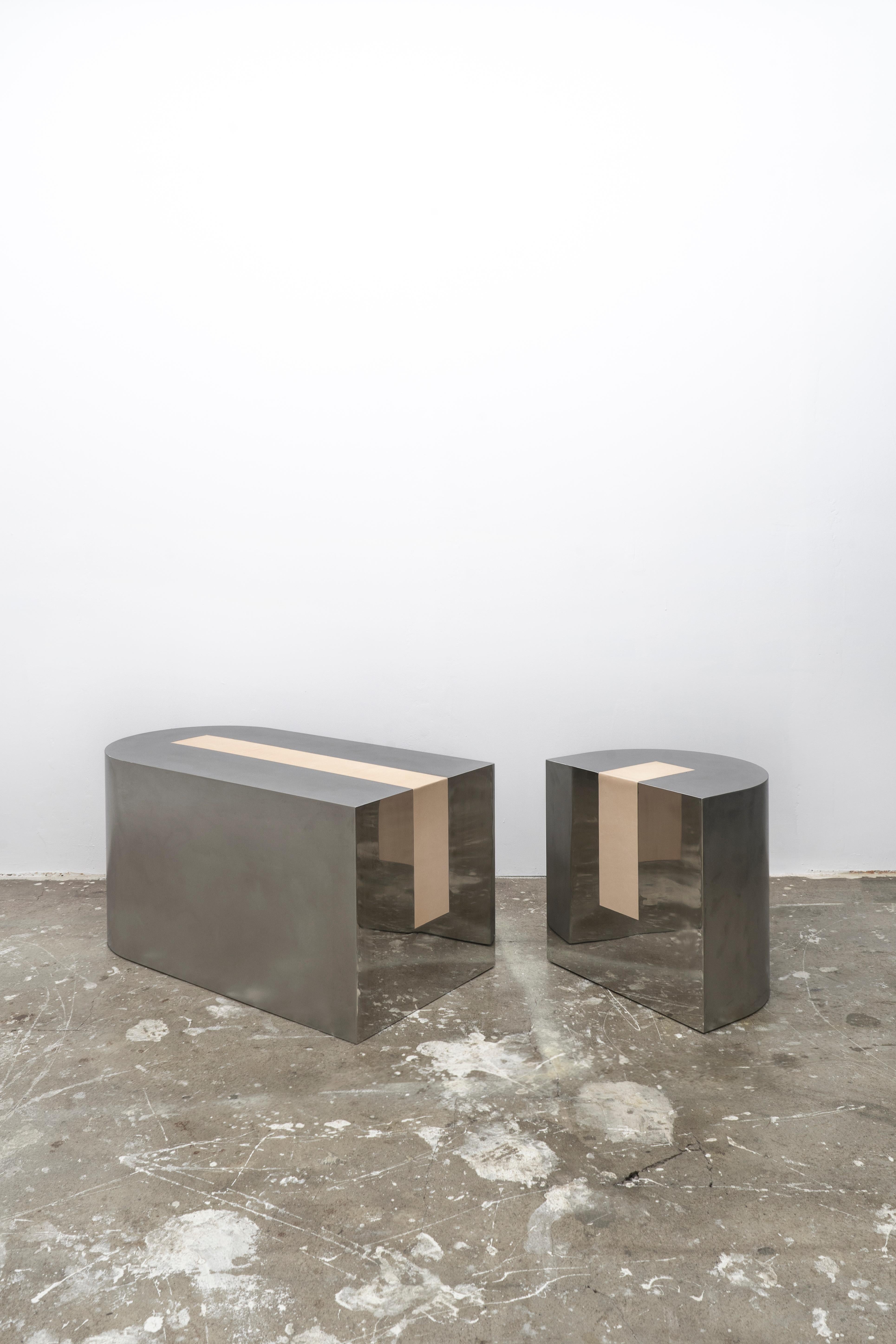 Korean Contemporary Inlay Bench in Vegan Leather and Steel  For Sale