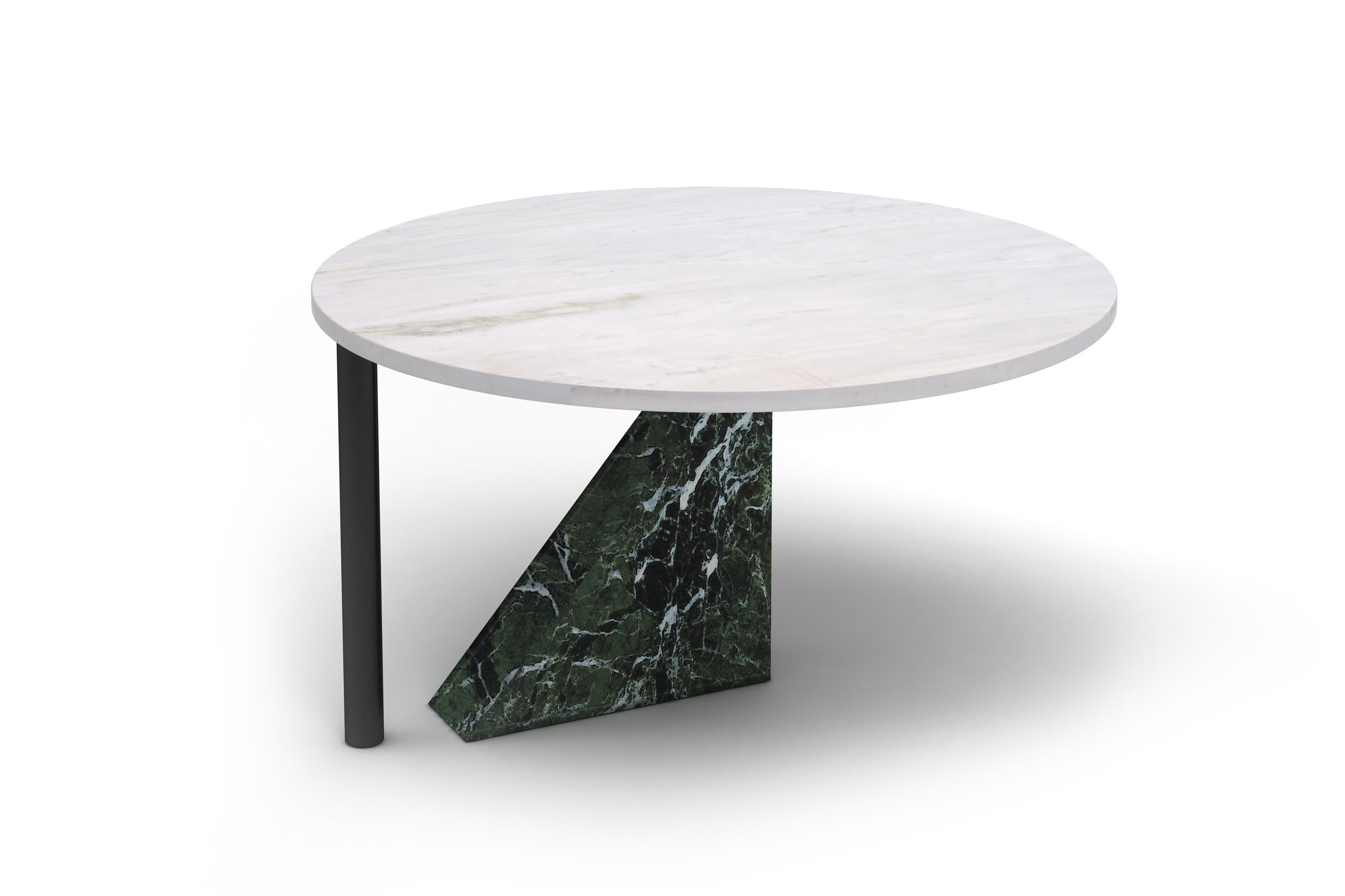 This table is uniquely crafted out of two marbles. The tabletop is made of white Dionysos marble, originated from Greece. It sits onto of a base shaped into a right-angled triangle prism and black metal.