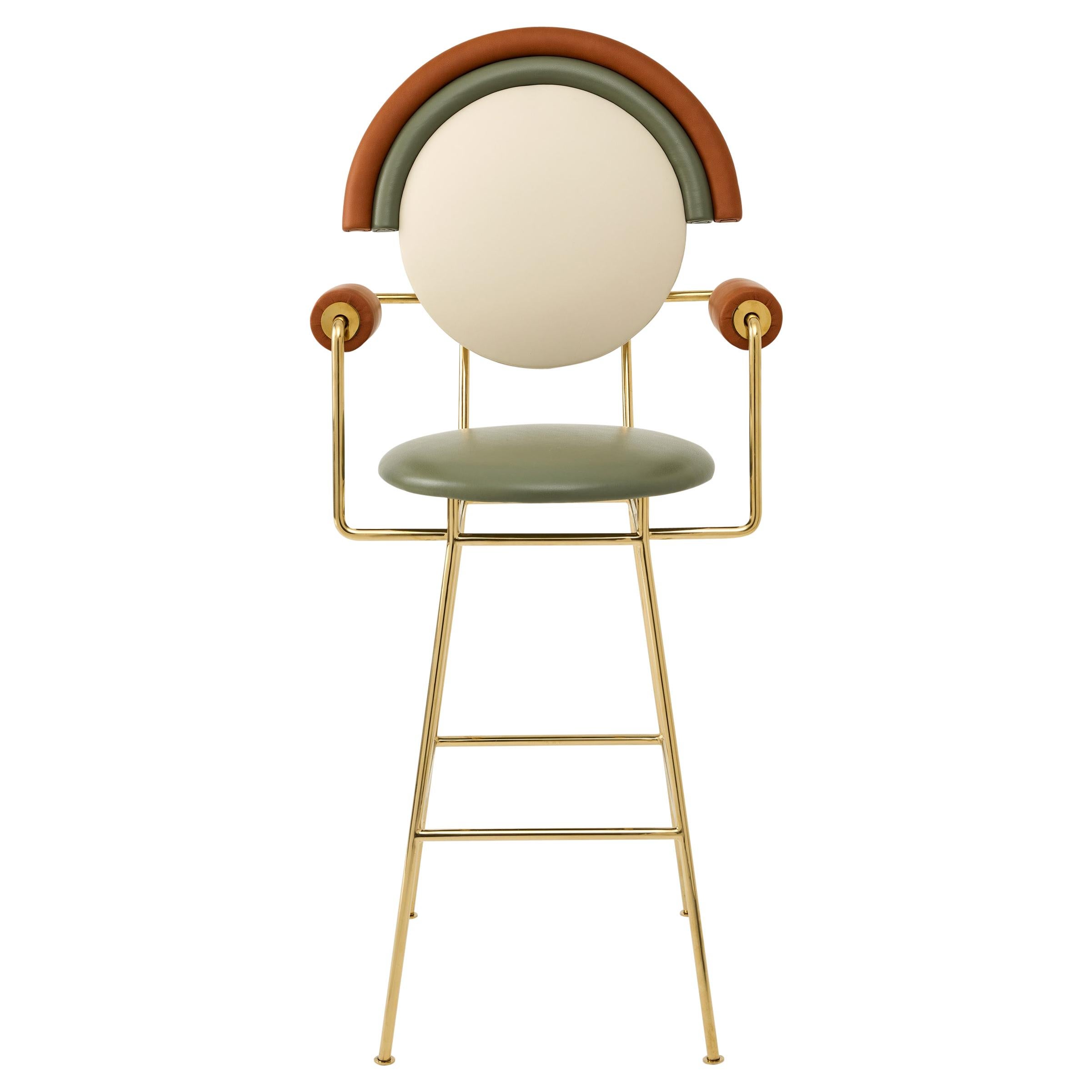 Contemporary Iris Bar Stool with Leather and Brass