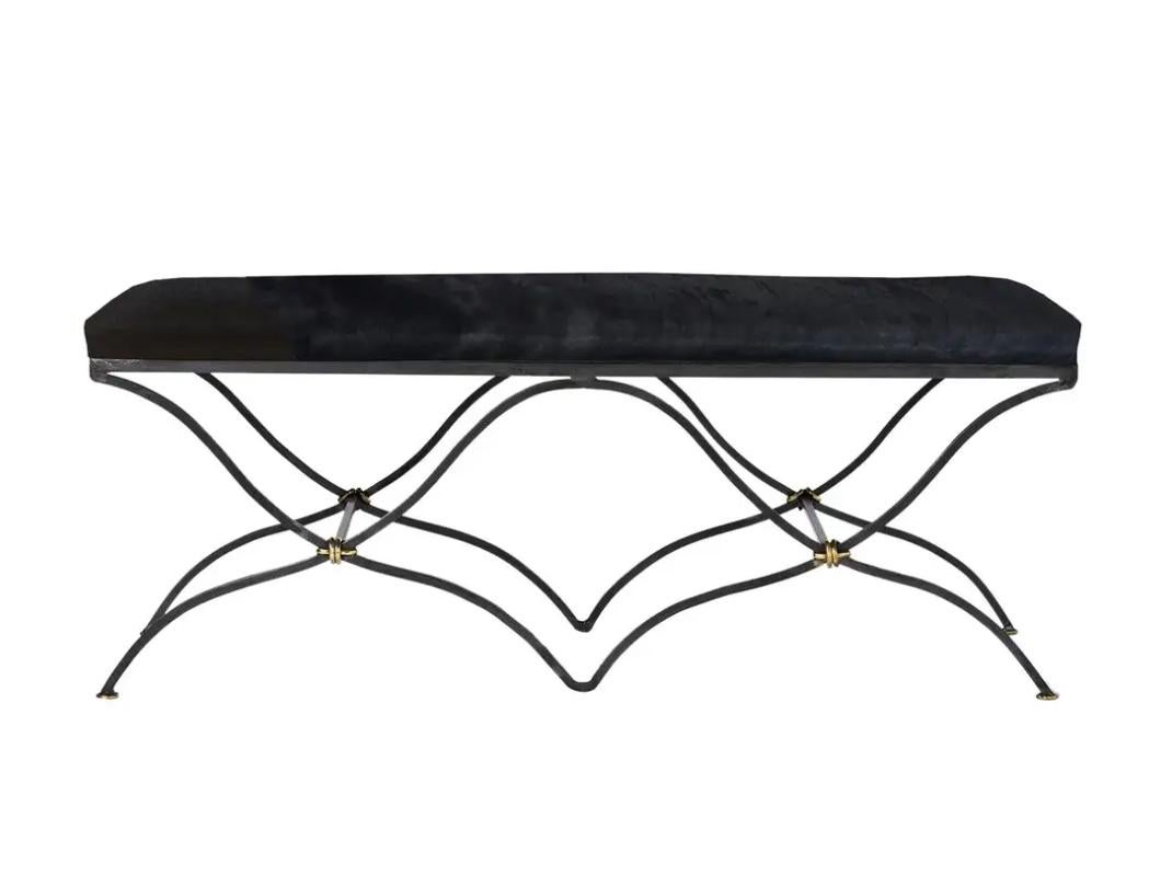 Forged Contemporary Iron Bench Upholstered in Linen For Sale