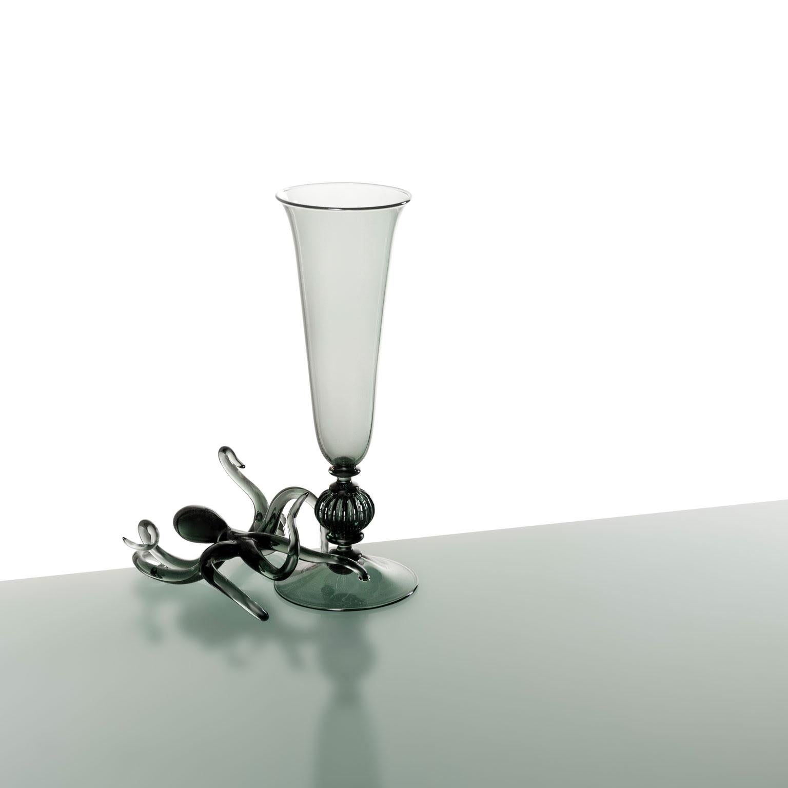 Contemporary Ironia Hand Blown Black Glass Sculptured Goblets and Flute Set For Sale 6