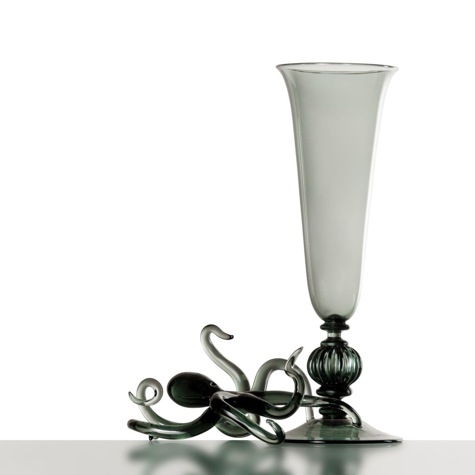 Contemporary Ironia Hand Blown Black Glass Sculptured Goblets and Flute Set For Sale 8