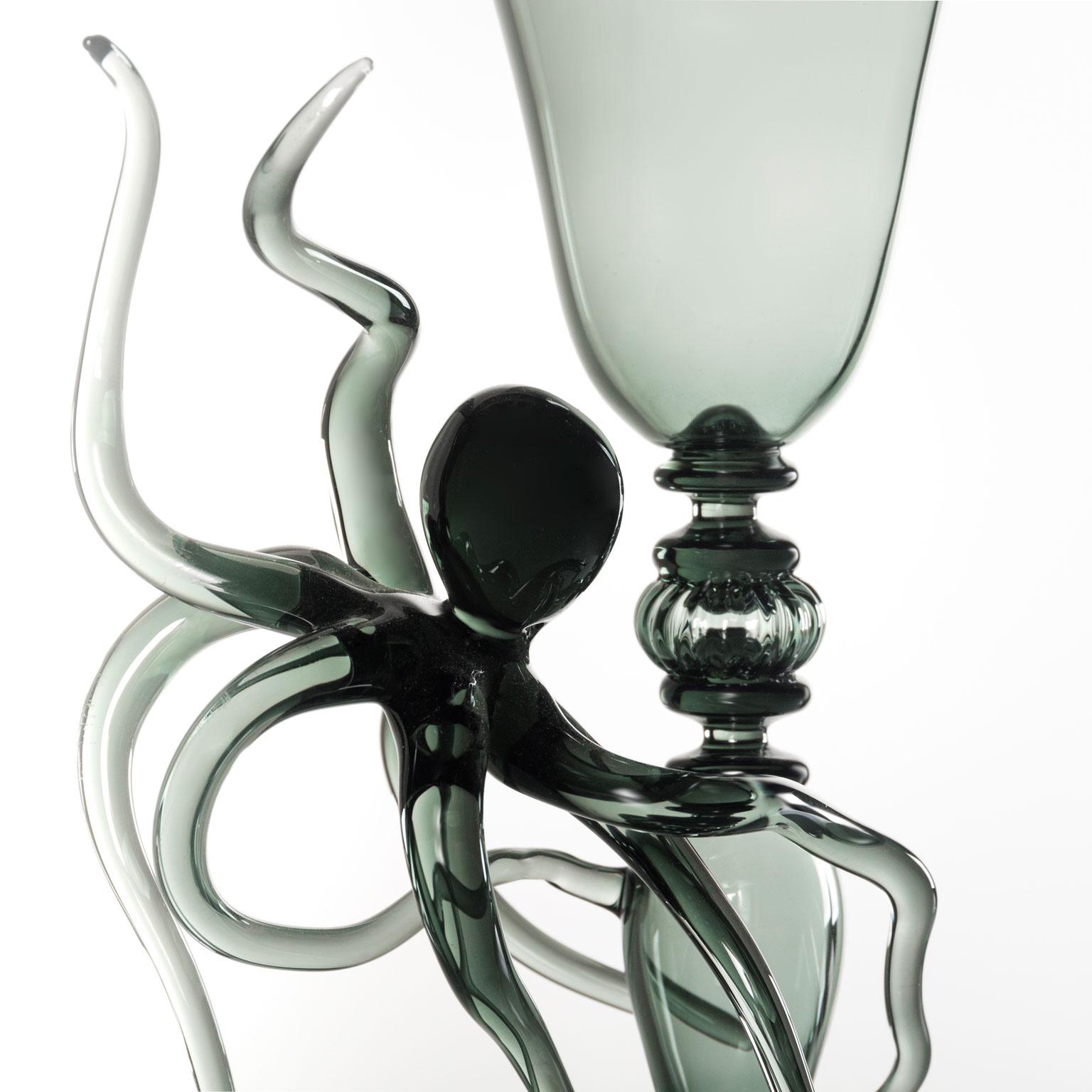 Contemporary Ironia Hand Blown Black Glass Sculptured Goblets and Flute Set For Sale 12