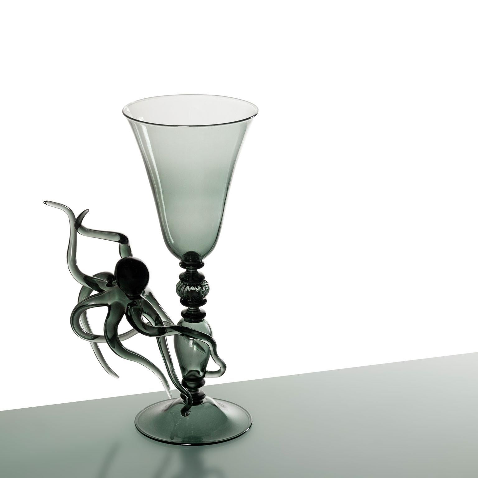 Contemporary Ironia Hand Blown Black Glass Sculptured Goblets and Flute Set For Sale 13