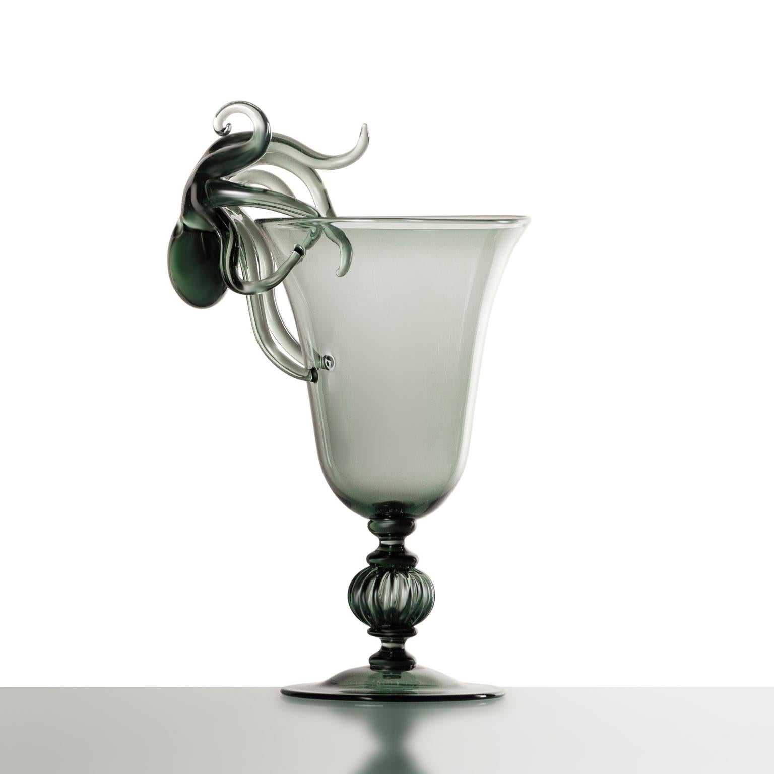 Italian Contemporary Ironia Hand Blown Black Glass Sculptured Goblets and Flute Set For Sale