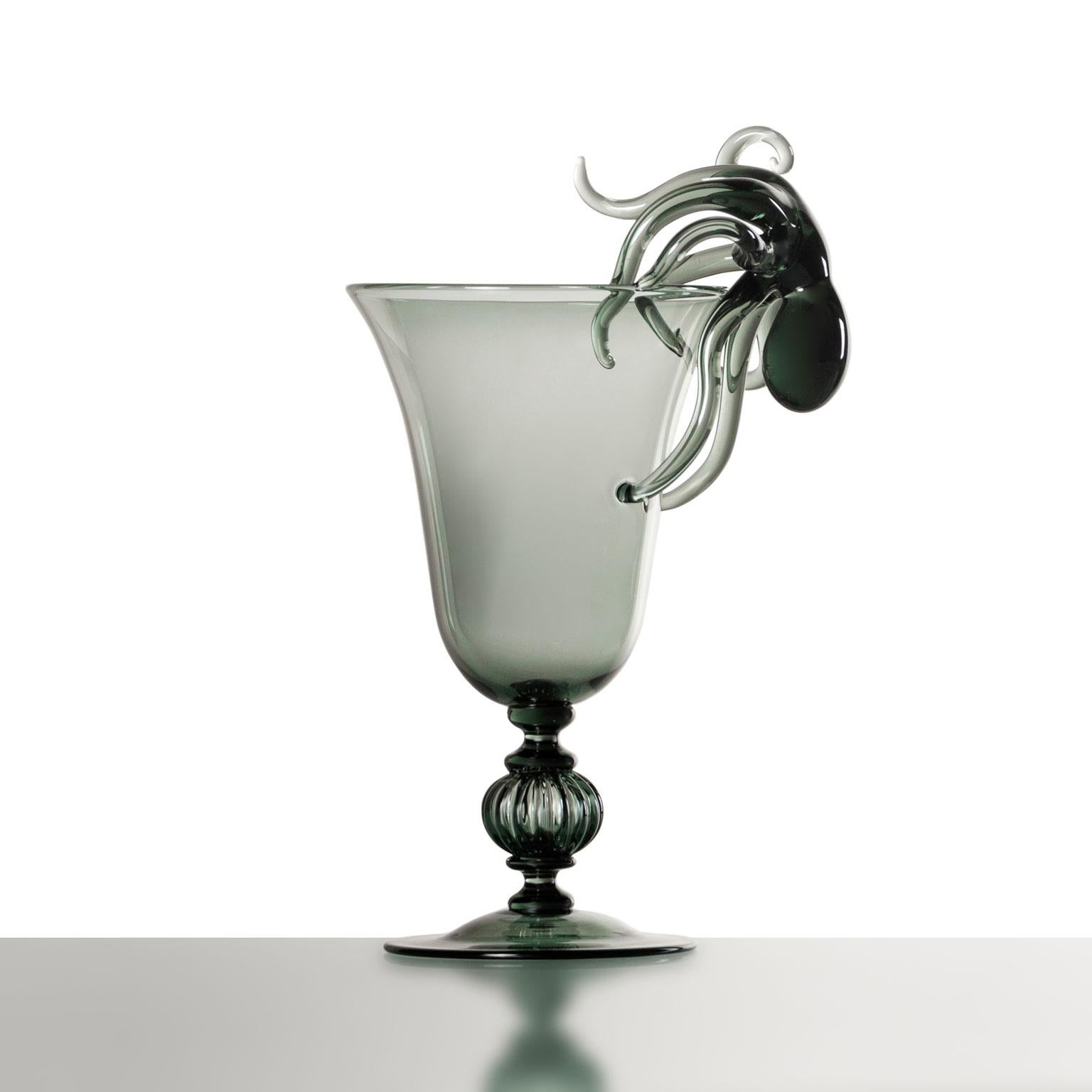 Hand-Crafted Contemporary Ironia Hand Blown Black Glass Sculptured Goblets and Flute Set For Sale