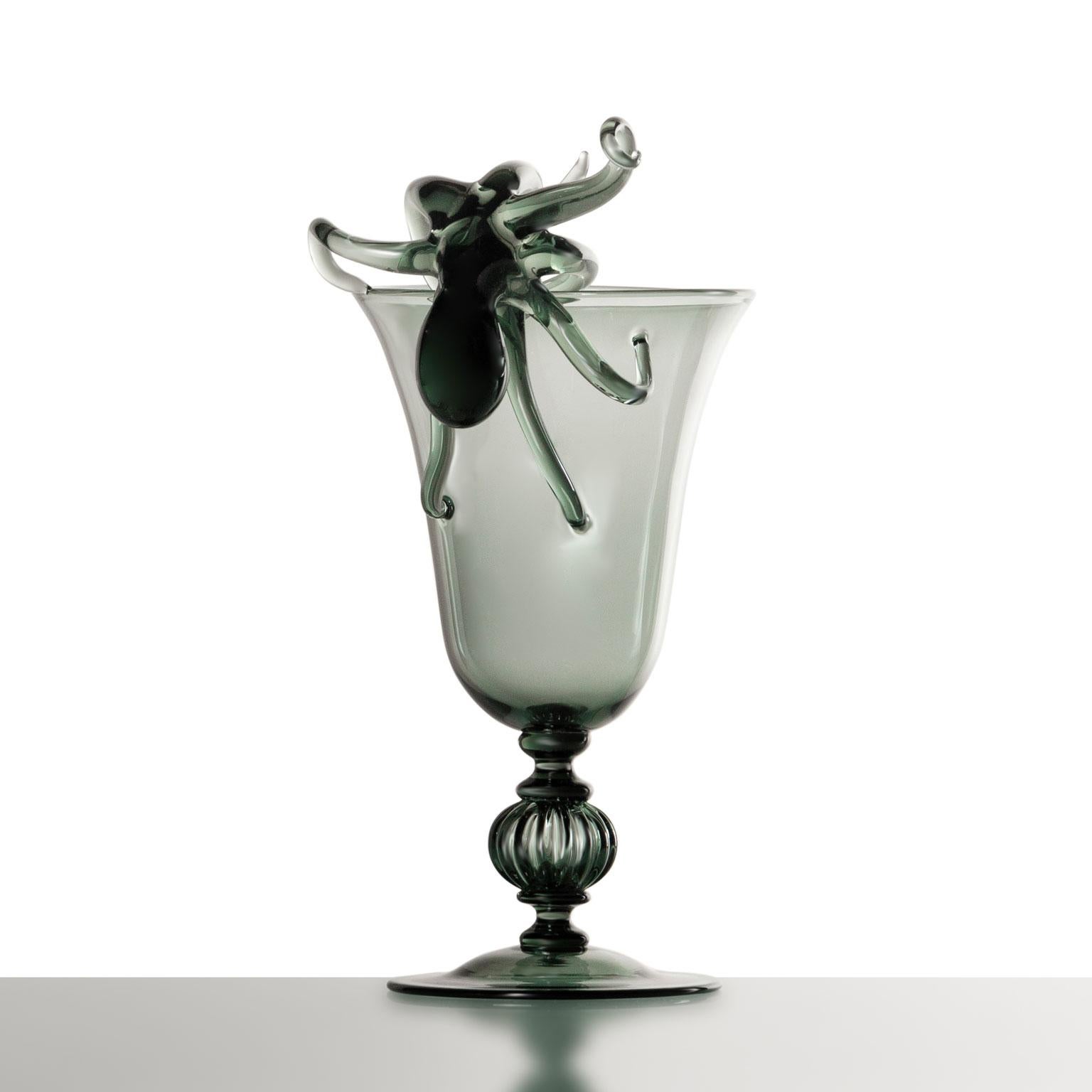 Blown Glass Contemporary Ironia Hand Blown Black Glass Sculptured Goblets and Flute Set For Sale