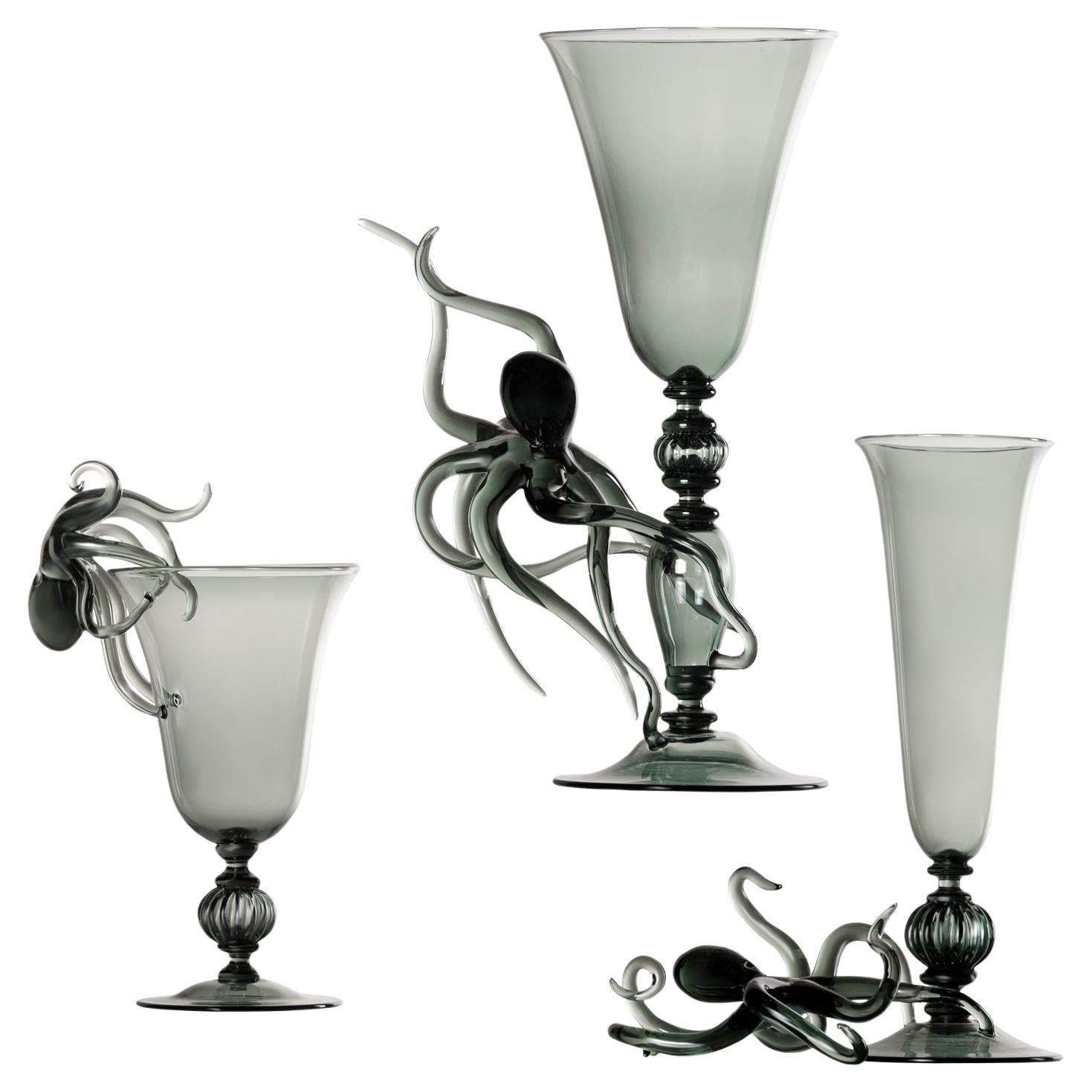 Contemporary Ironia Hand Blown Black Glass Sculptured Goblets and Flute Set