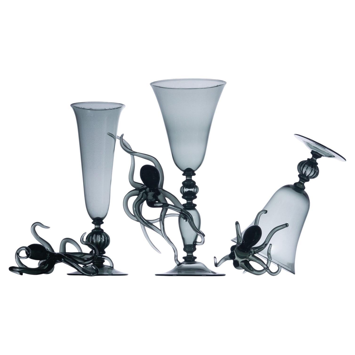 Contemporary Ironia Hand Blown Black Glass Sculptured Goblets and Flute Set For Sale